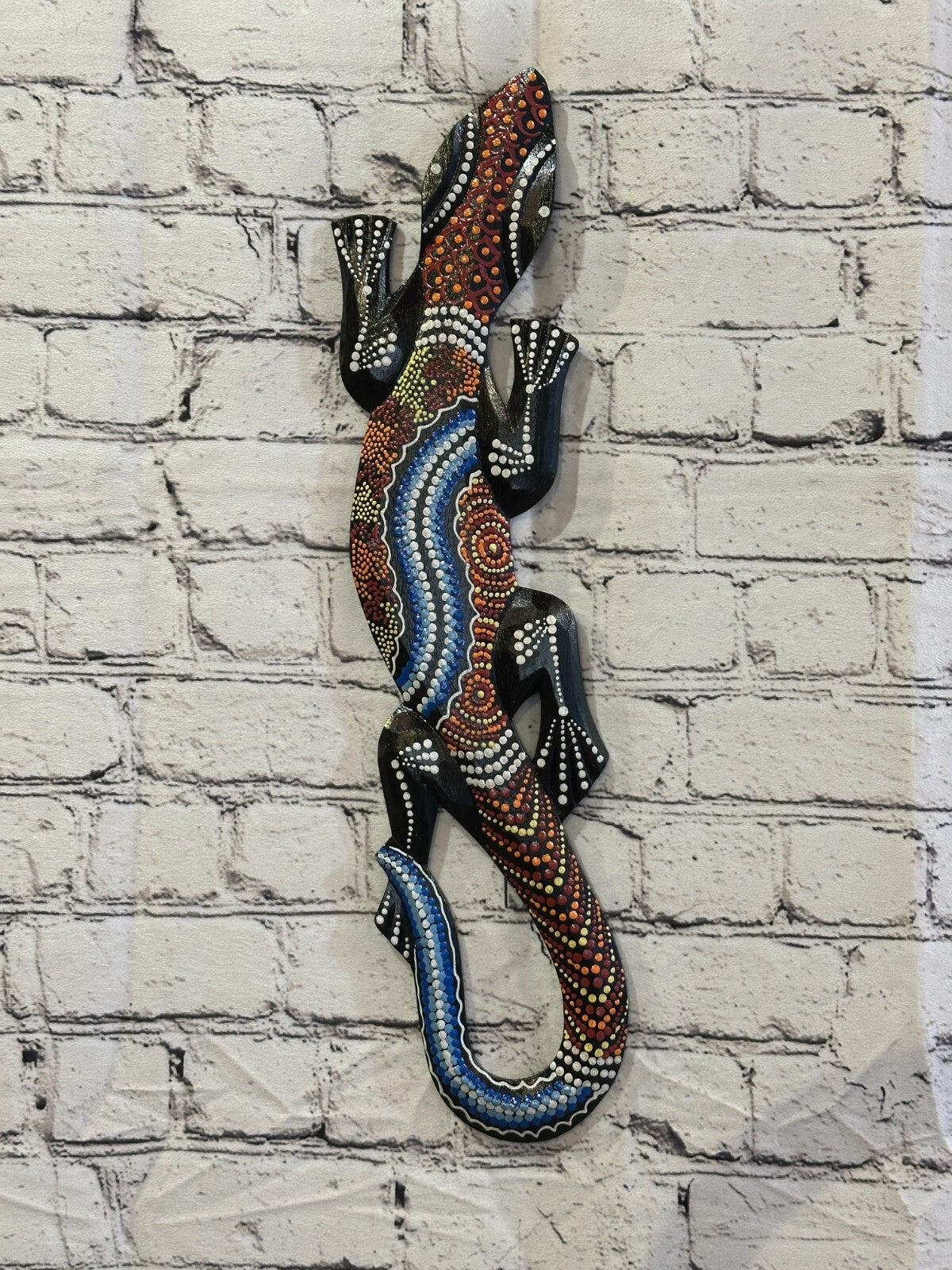 50cm Gecko Carved Wooden Dot Painted Ethnic Tribal Tiki Wall Handmade No 4
