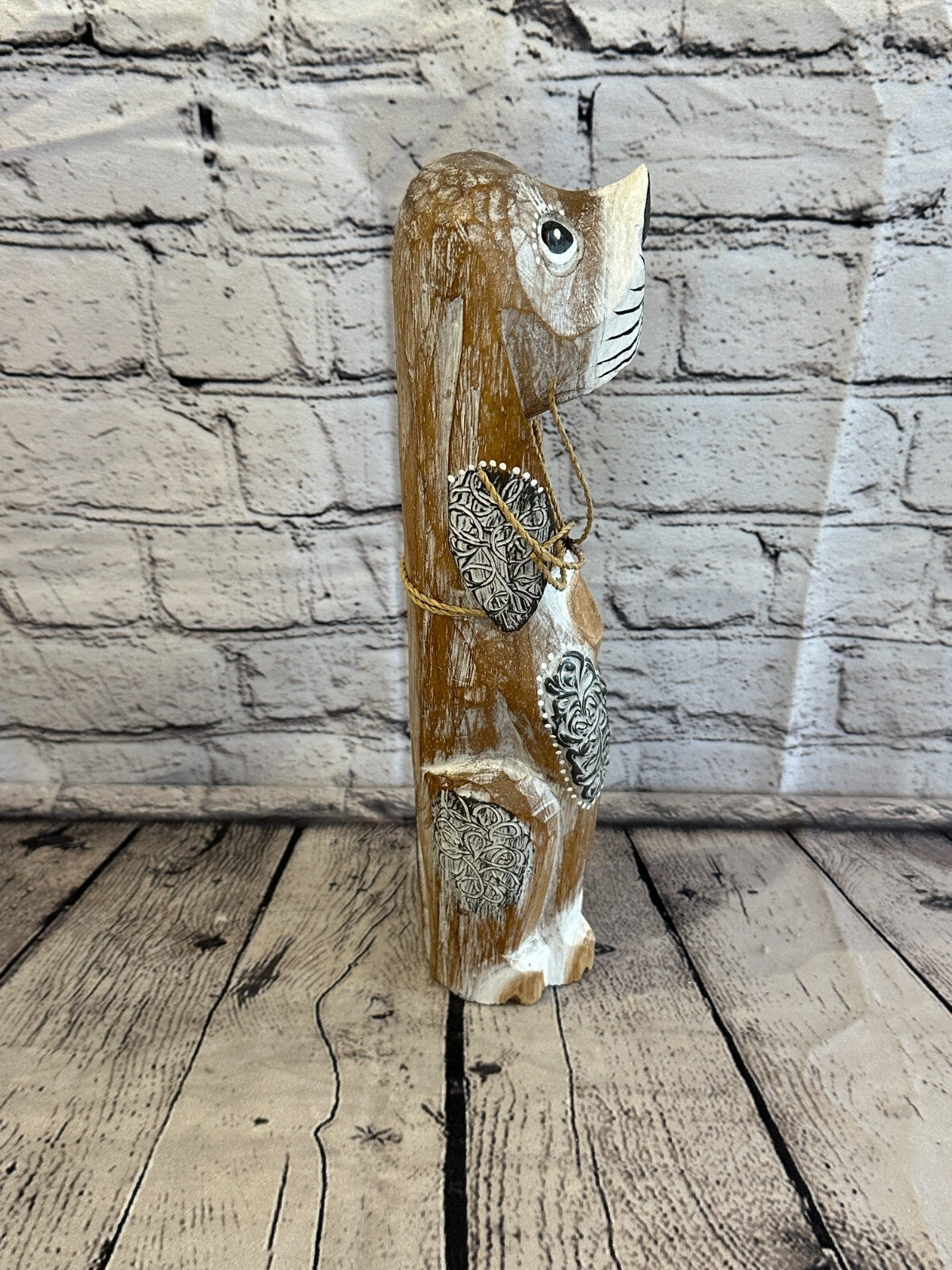 30cm Light Brown Flower Wooden Shabby Dog Statue Ornament Fair Trade Handcarved