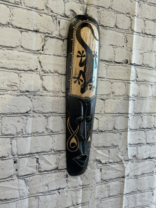 50cm Gecko Mask Carved Wooden Brown Work Painted Ethnic Tribal Tiki Wall Art
