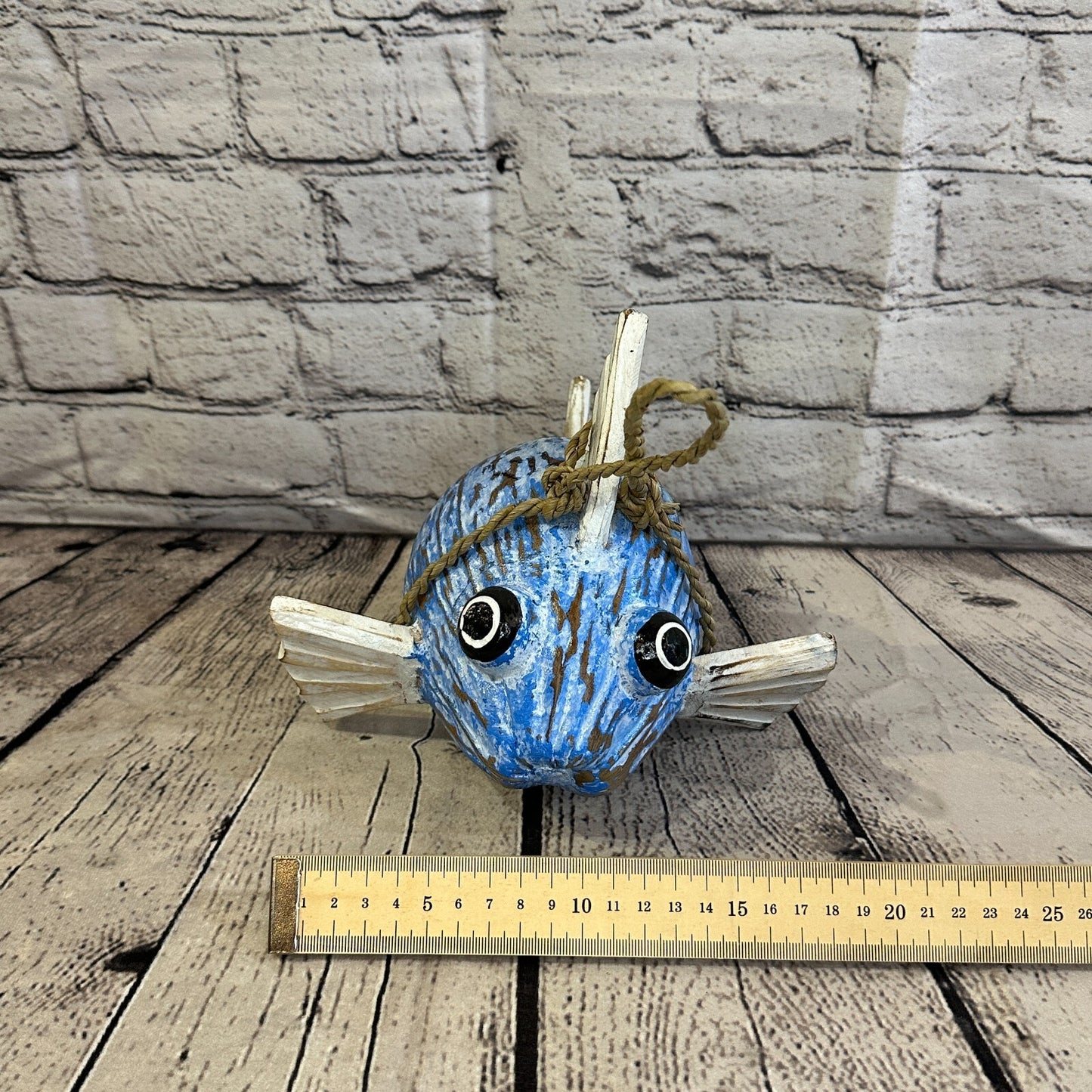 White Blue Folk Art Hand Painted Puffer Fish Coconut Shell Ornaments Hanging
