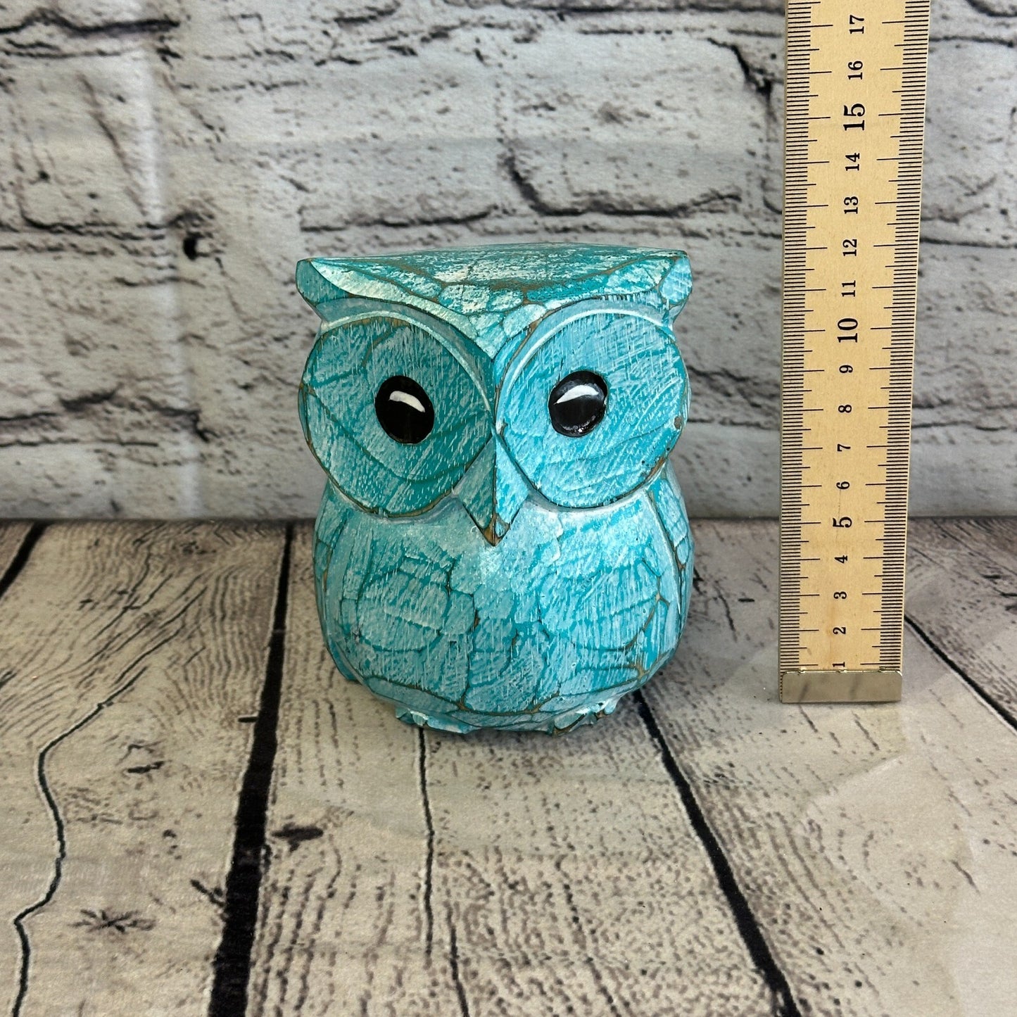 12cm x 10cm Green Flower Wooden Shabby Owl Statue Ornament Fair Trade Handcarved