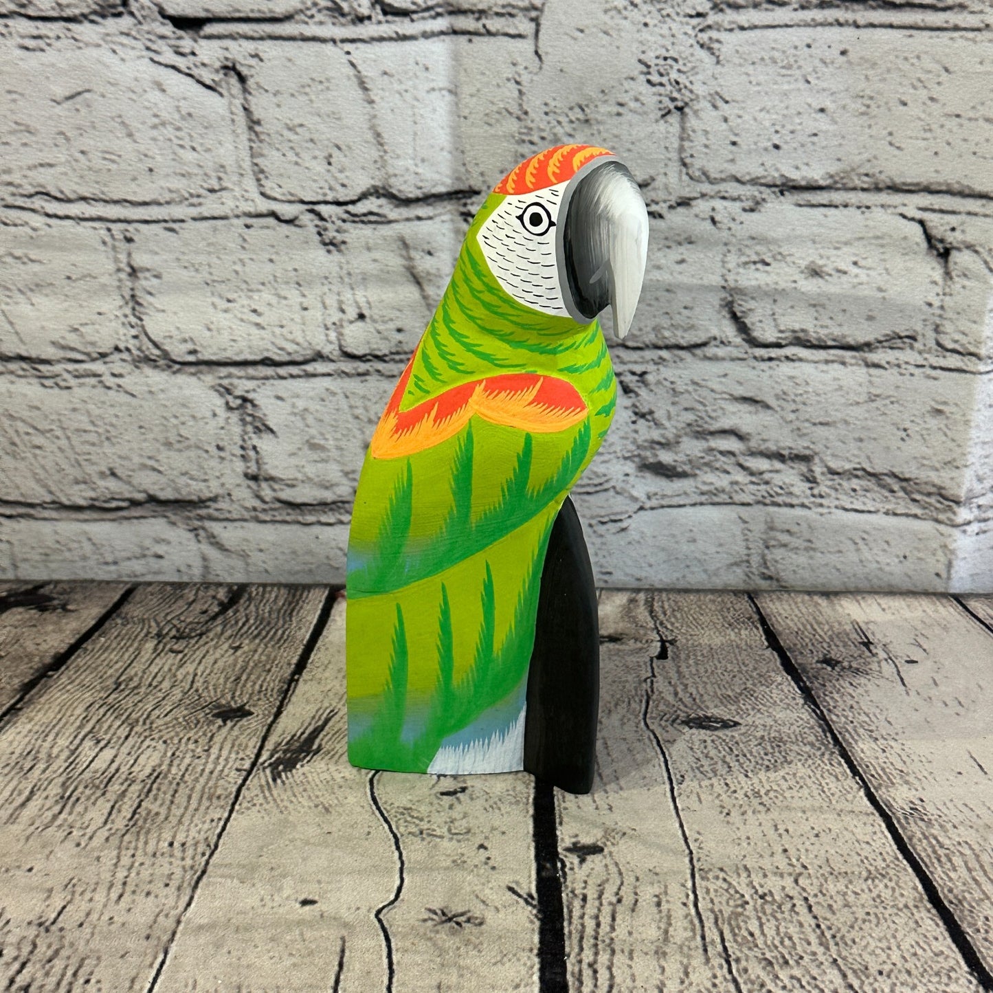 20cm Green Parrot Bird Ornament Statue Fair Trade Hand Made Carved Wood