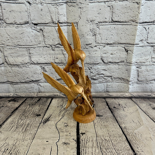 25cm Double Humming Bird Mushroom Parasite Ornament Natural Carving Wooden