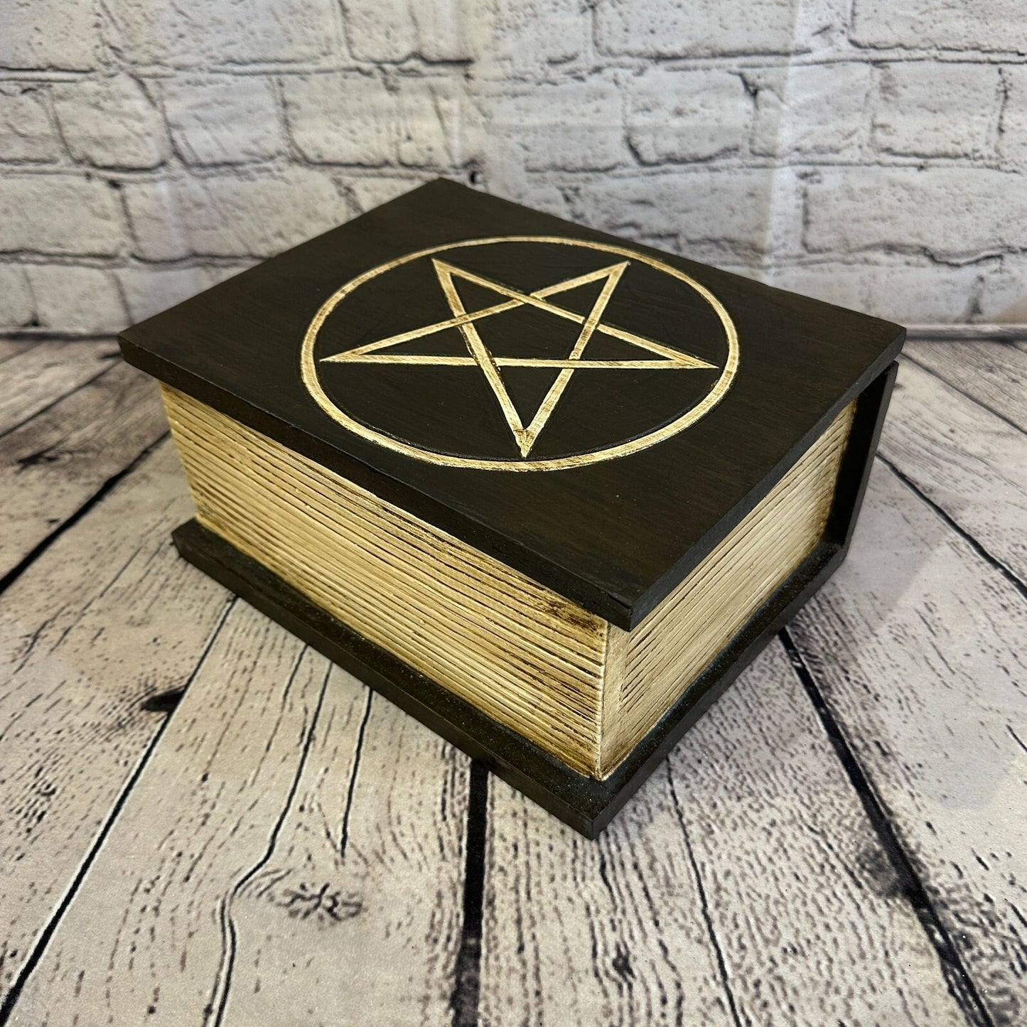 22cm x 17cm Book Wooden Gothic Pentagram Symbol Coffin Jewellery Trinket Box