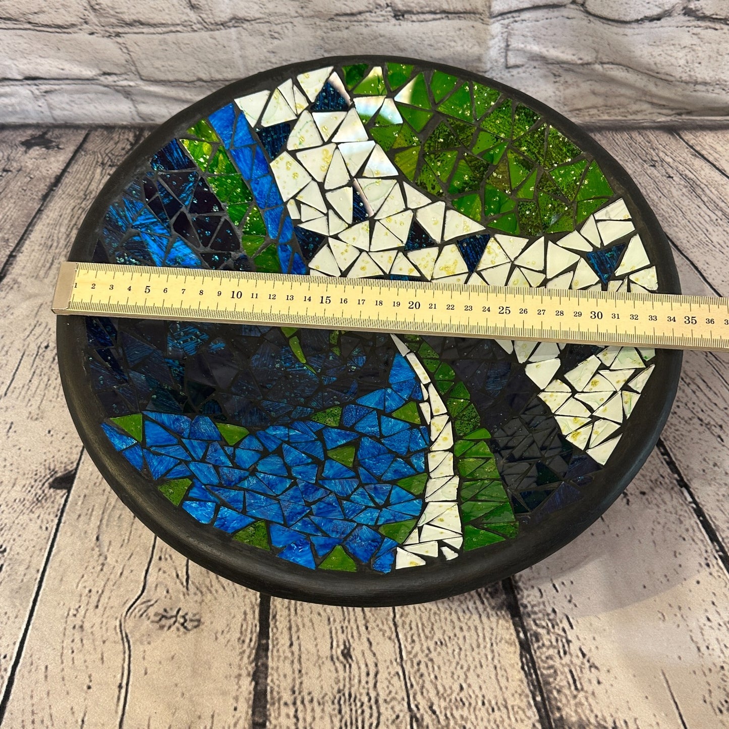 35cm Blue Green Swirl Round Mosaic Handmade Ceramic Glass Tile Bowl Fruit