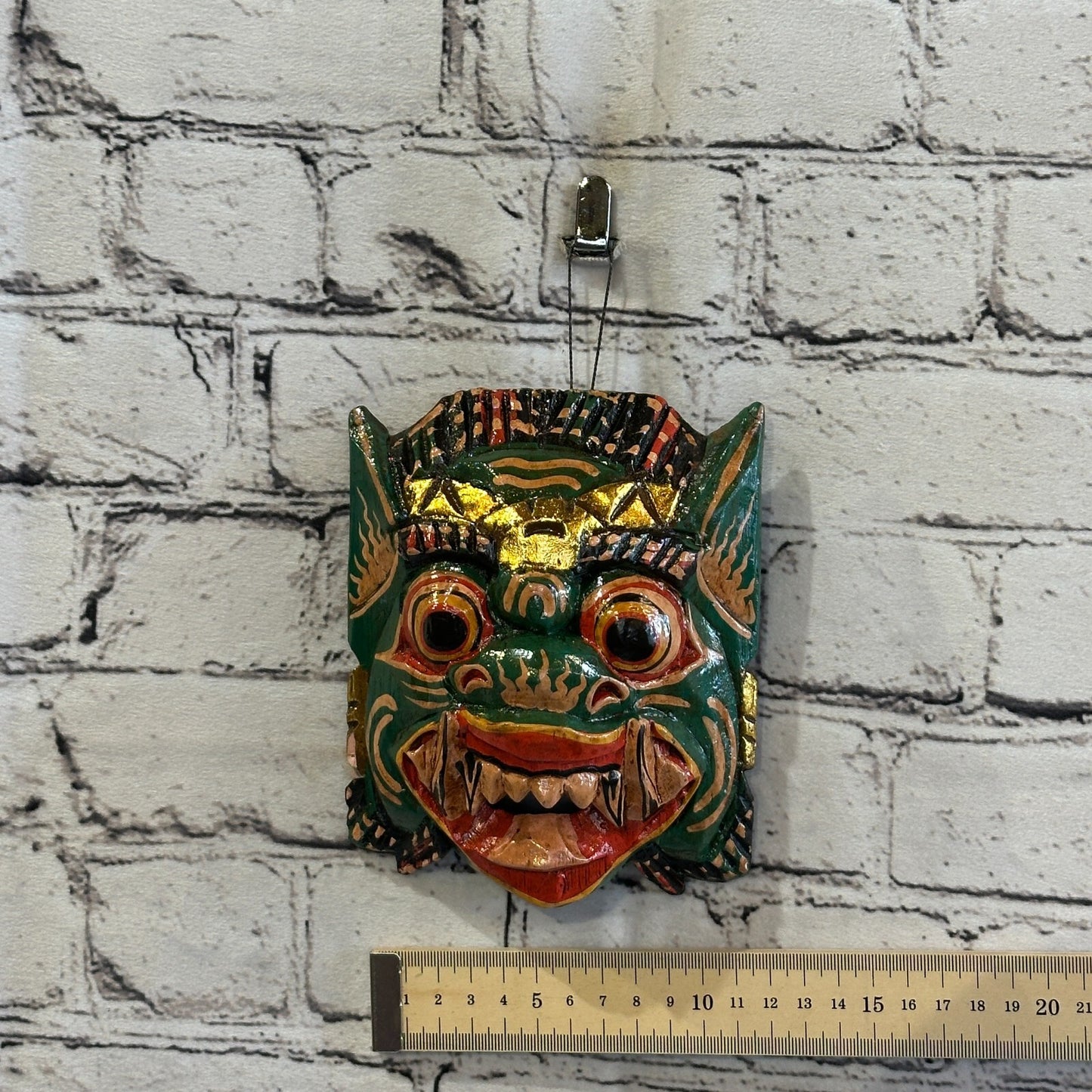 Small Wooden Green Barong Wall Mask 15cm x 12cm Handmade And Fairtrade Hindu