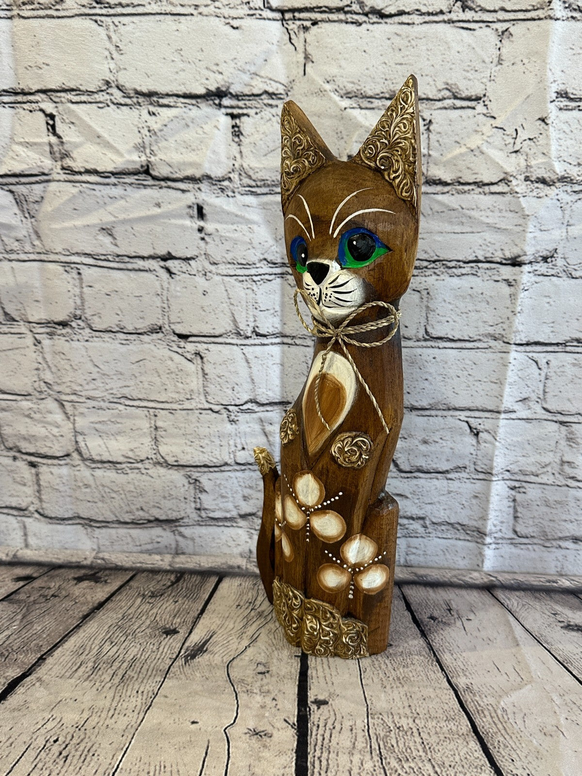 40cm Brown Swirl Flower Wooden Shabby Cat Statue Ornament Fair Trade Handcarved
