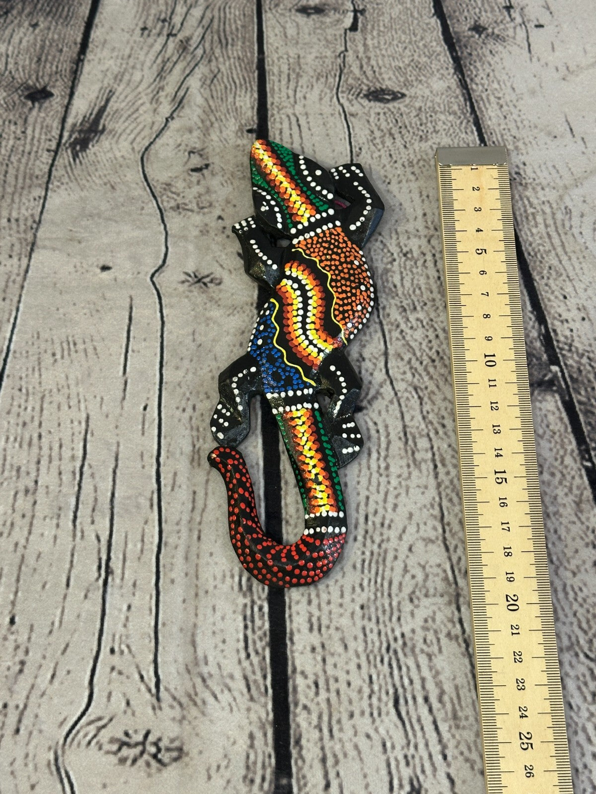20cm Gecko Carved Wooden Dot Painted Ethnic Tribal Tiki Wall Handmade No 10