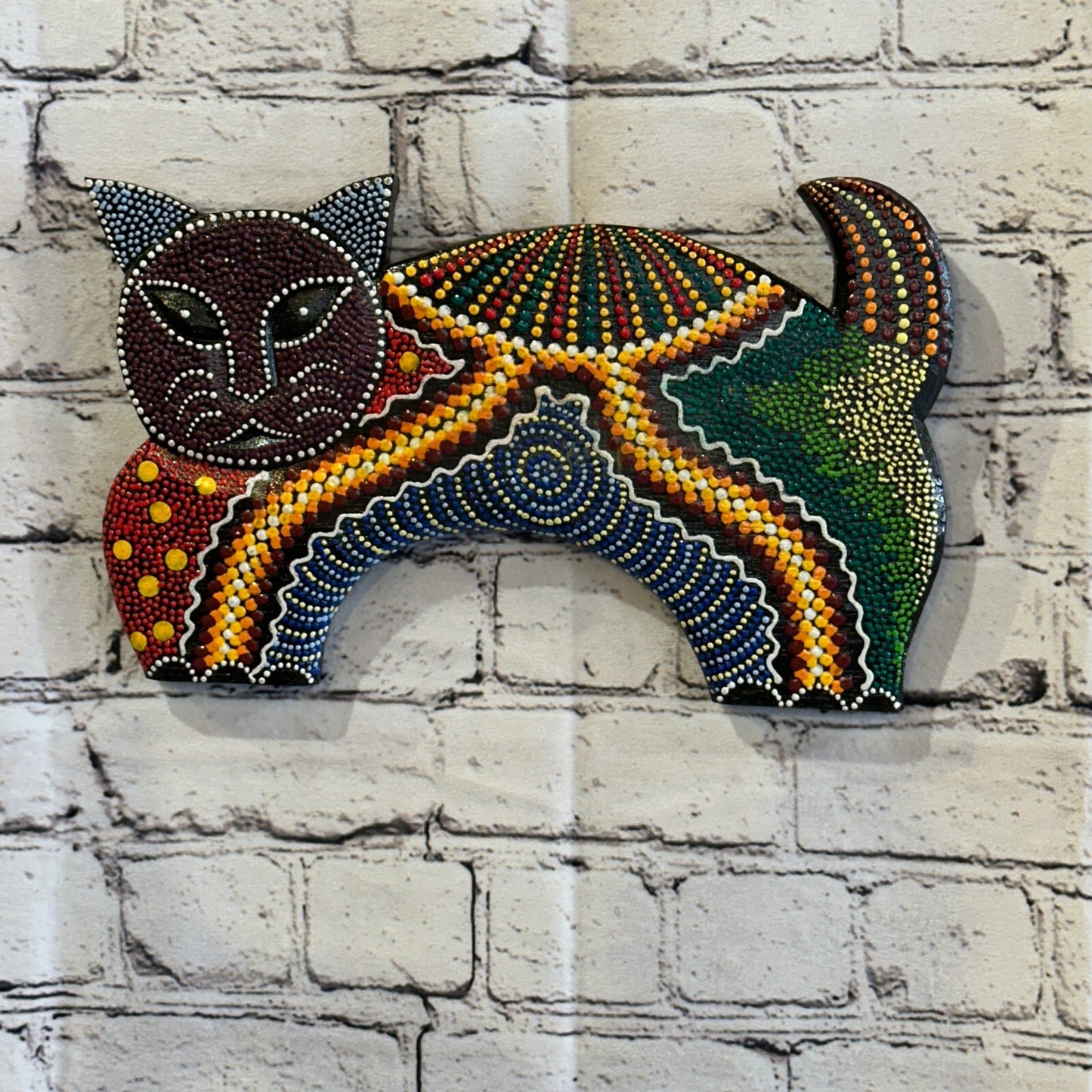 30cm Purple Cat Carved Wooden Dot Painted Ethnic Tribal Tiki Wall Art Handmade