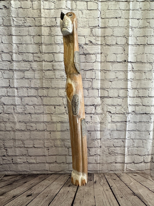 100cm Light Brown Flower Wooden Shabby Dog Statue Ornament Fair Trade Handcarved
