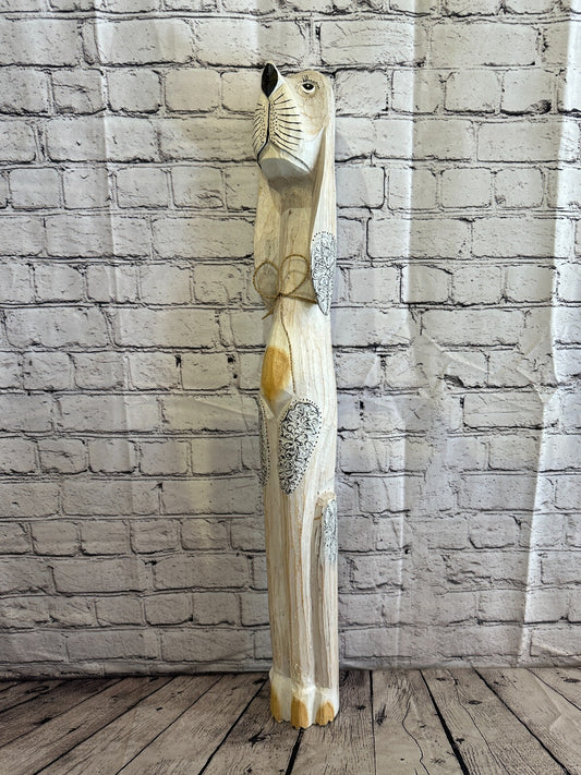 80cm White Flower Wooden Shabby Dog Statue Ornament Fair Trade Handcarved