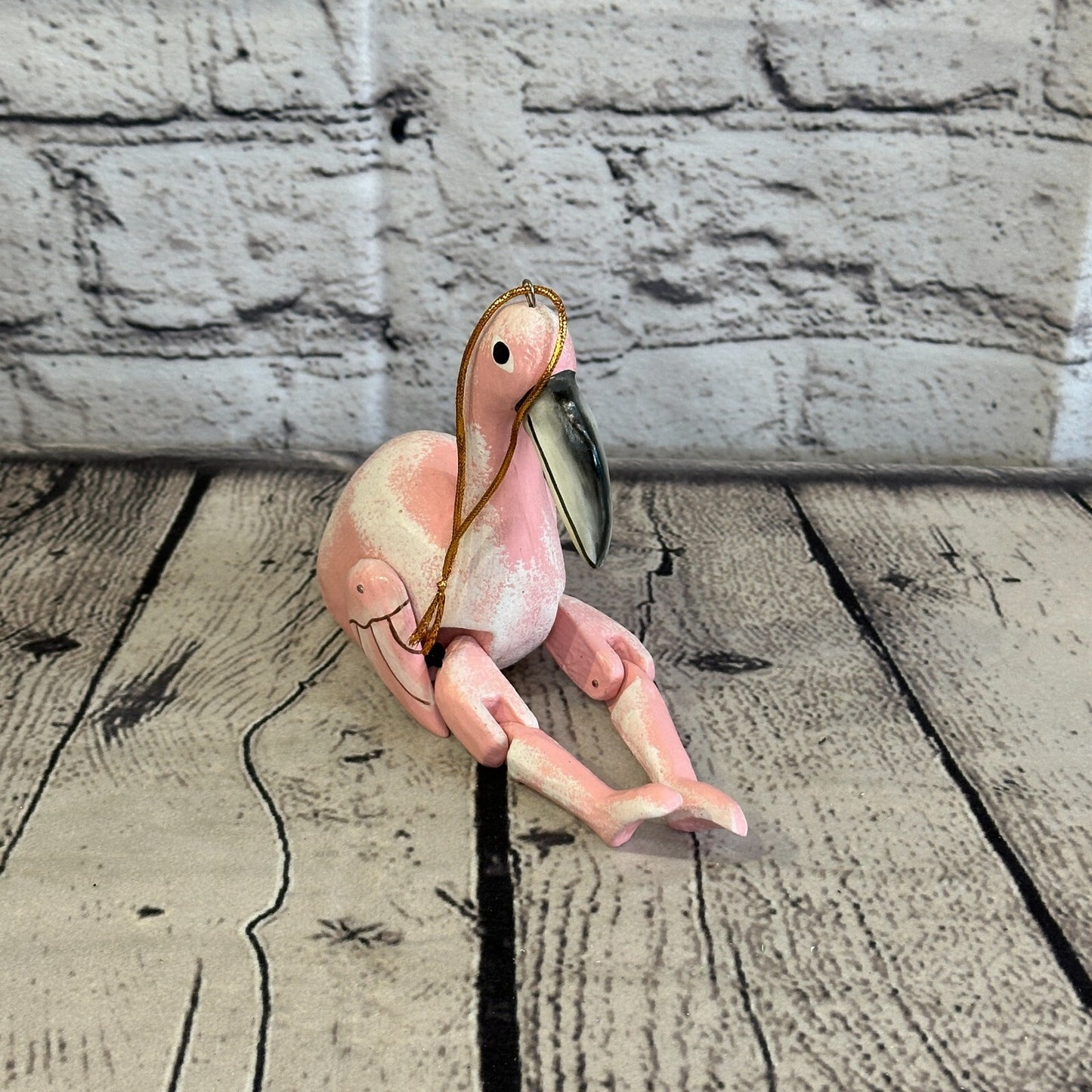 10cm Pink Flamingo Sitting Animal, Wooden Shelf Ornament Handmade and Fairtrade