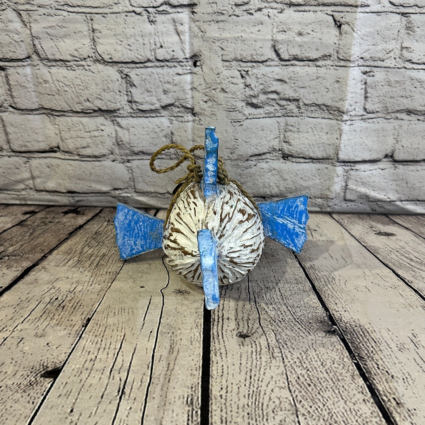 Blue White Folk Art Hand Painted Puffer Fish Coconut Shell Ornaments Hanging