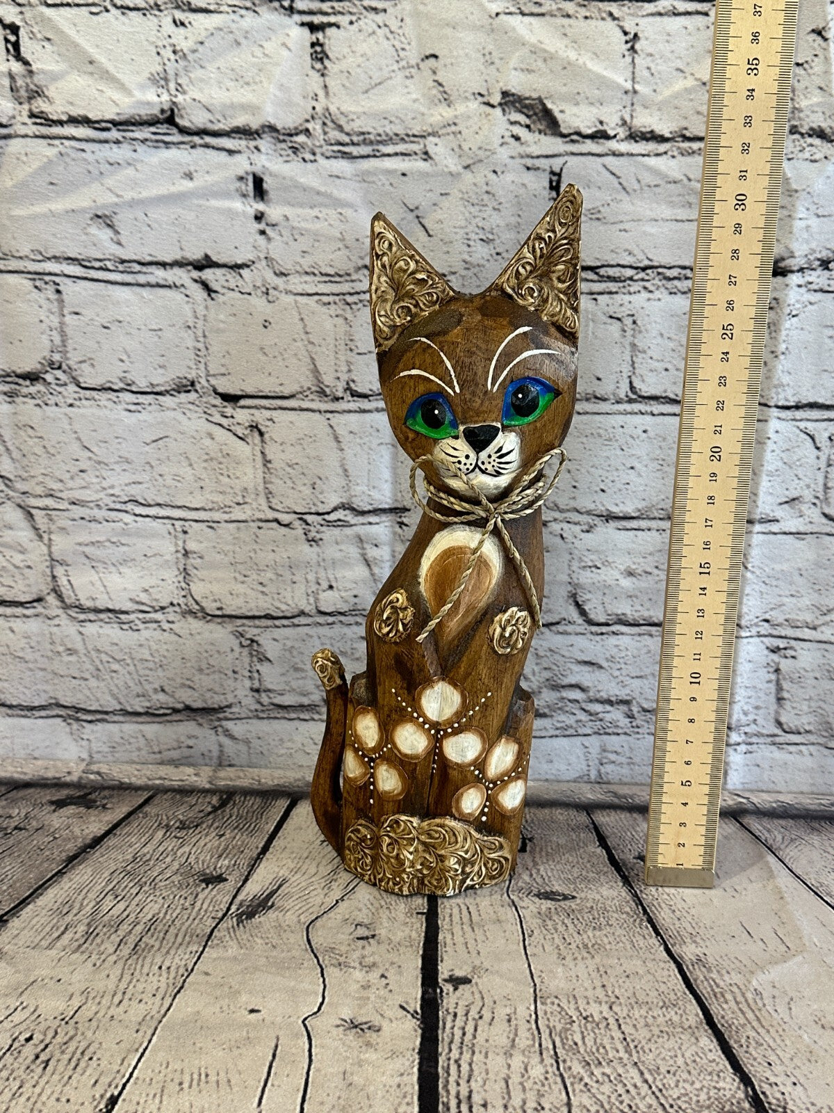 30cm Brown Swirl Flower Wooden Shabby Cat Statue Ornament Fair Trade Handcarved
