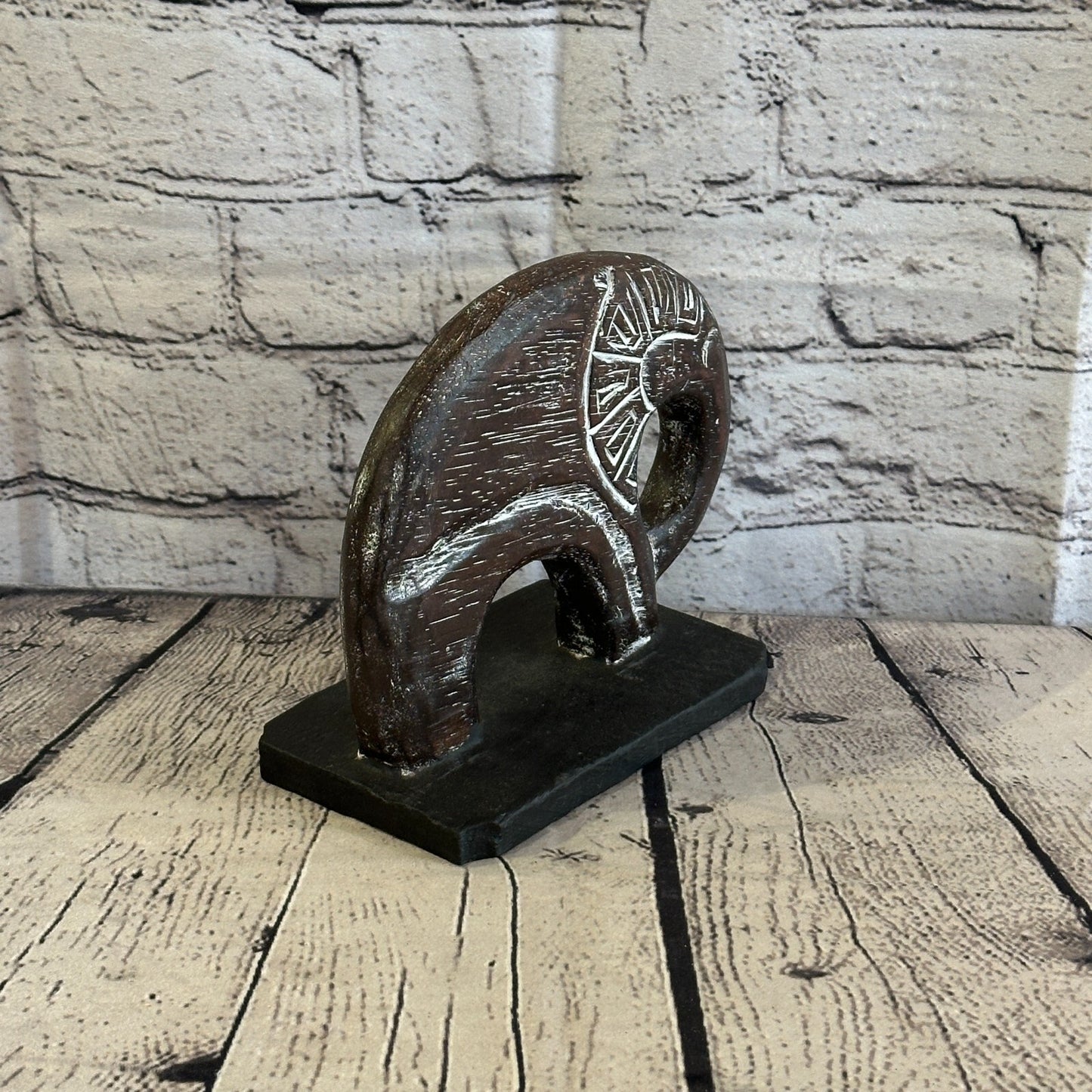 15cm x 15cm Wooden Tribal Primitive Black Elephant Round Stand Sculpture Statue