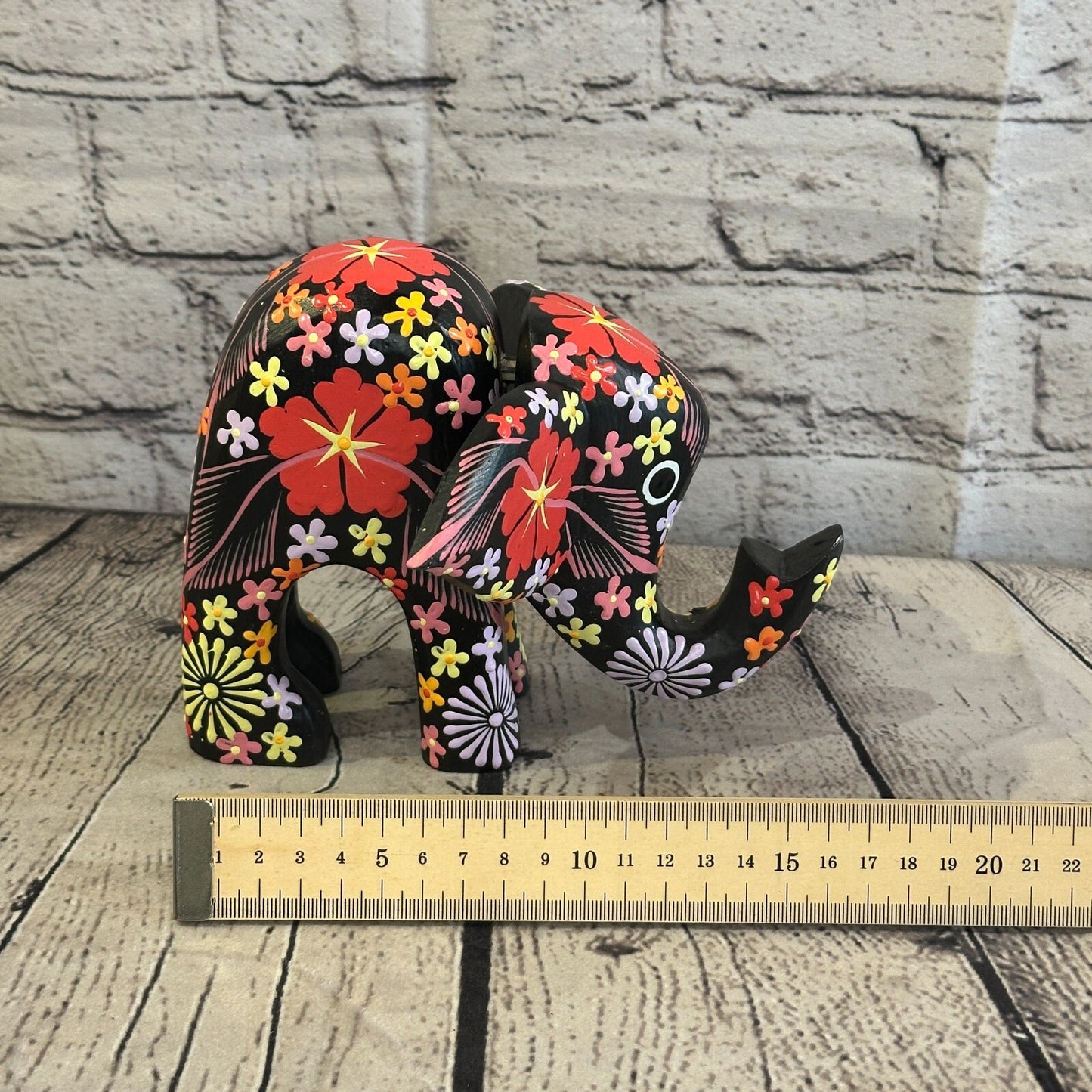 Black Wooden Elephant With Flower Pattern 15cm x 18cm Handmade and Fairtrade