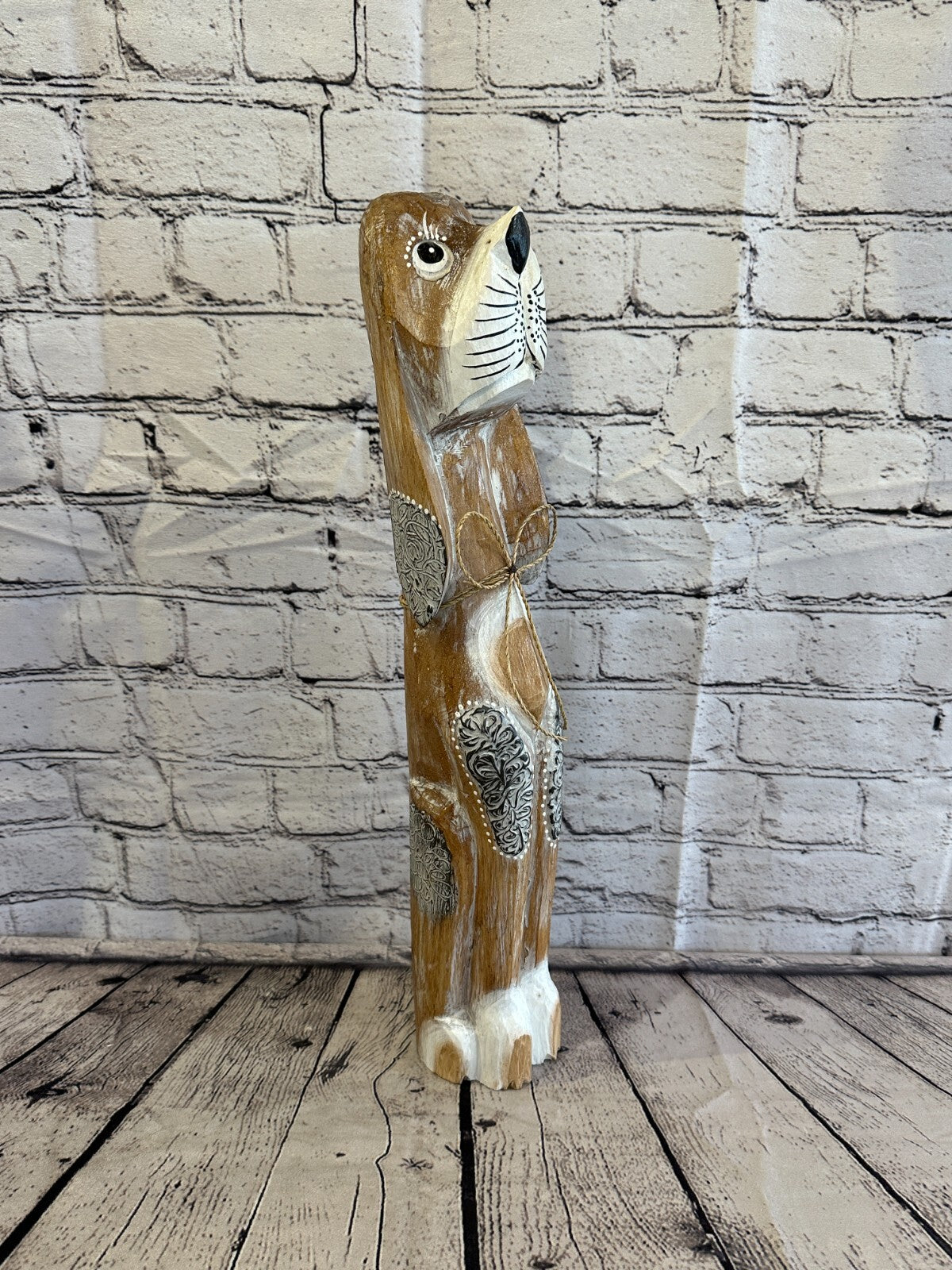 50cm Light Brown Flower Wooden Shabby Dog Statue Ornament Fair Trade Handcarved