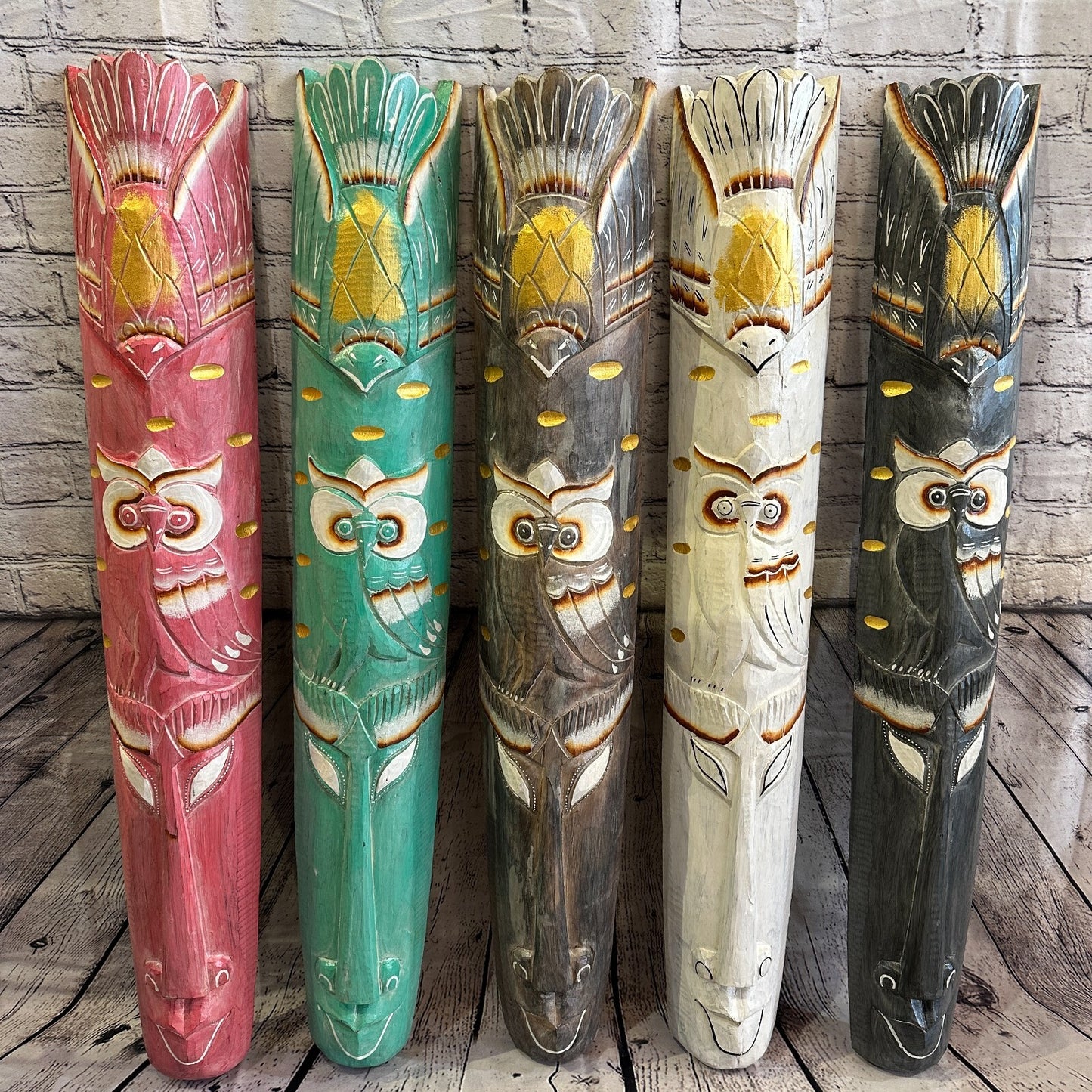 100cm Green Owl Hand Carved Fair Trade Wooden Animal Wall Art Hang Mask