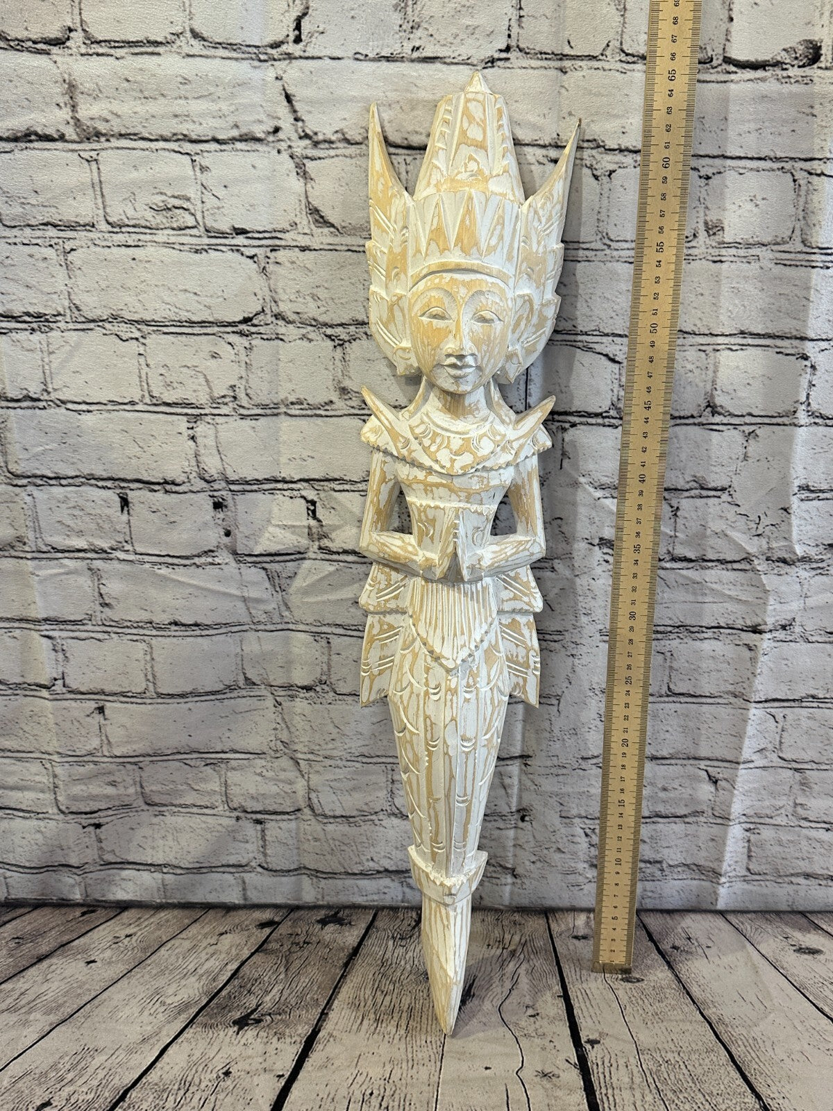 Shabby White Sita Dewi Bali Rice Goddess Wings Mermaid Wood Carving 65cm Pair