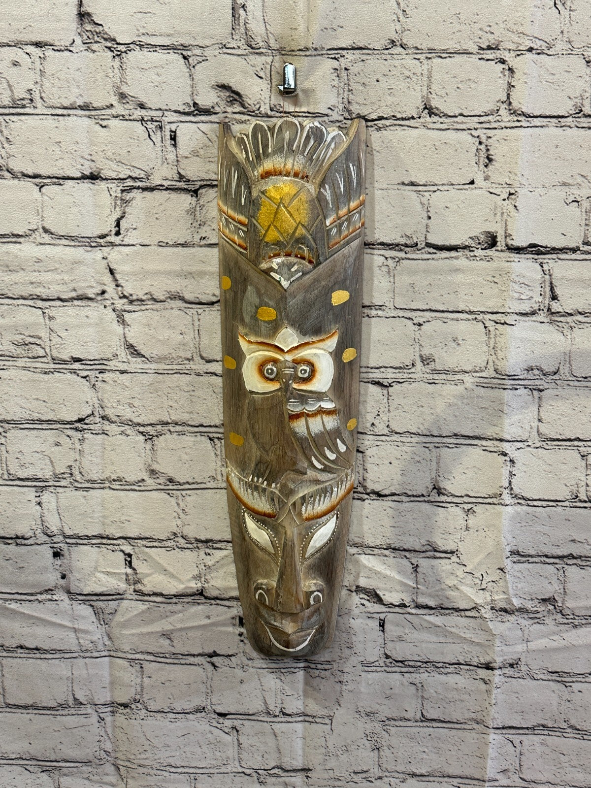 50cm Light Grey Owl Hand Carved Fair Trade Wooden Animal Wall Art Wall Hang Mask