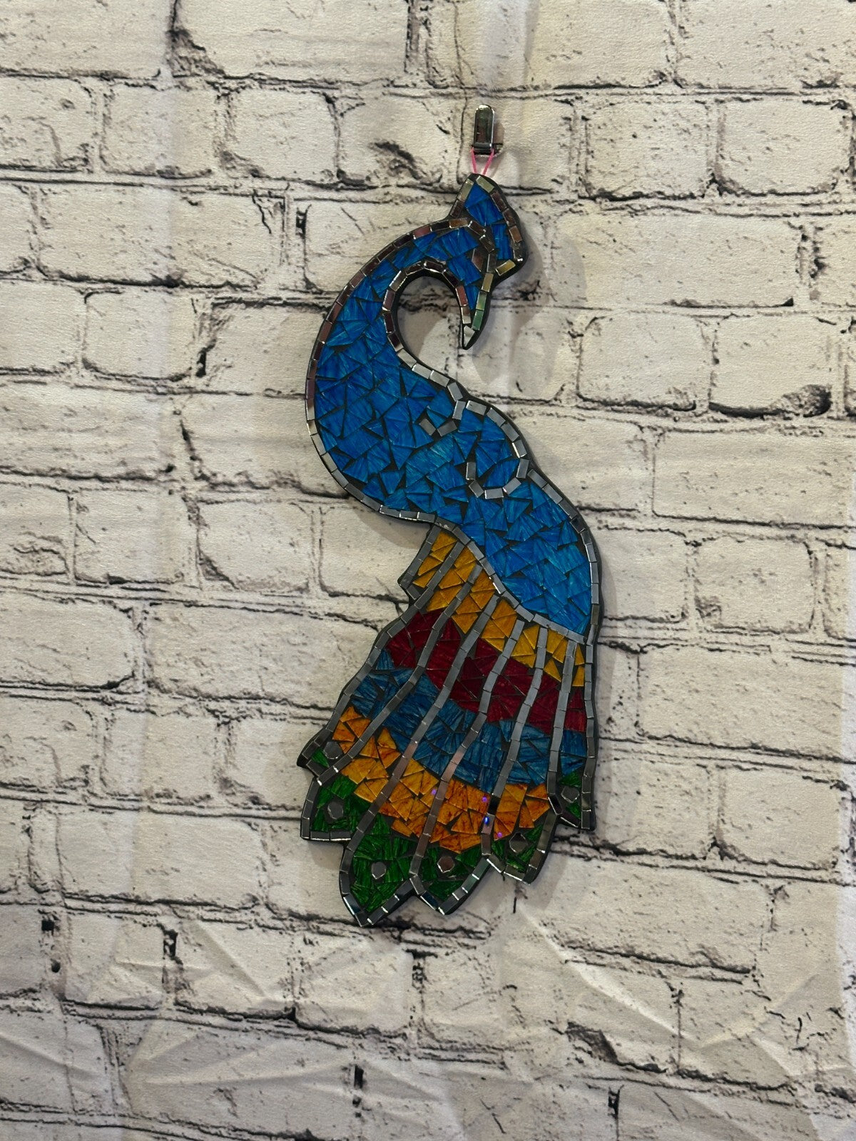 Rainbow Light Blue Peacock Mosaic Tile Wall Mirror 45cm x 20cm Handmade New