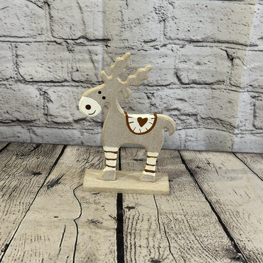 18cm x 10cm Grey Handcrafted Wood Reindeer Xmas Christmas Ornament Antlers
