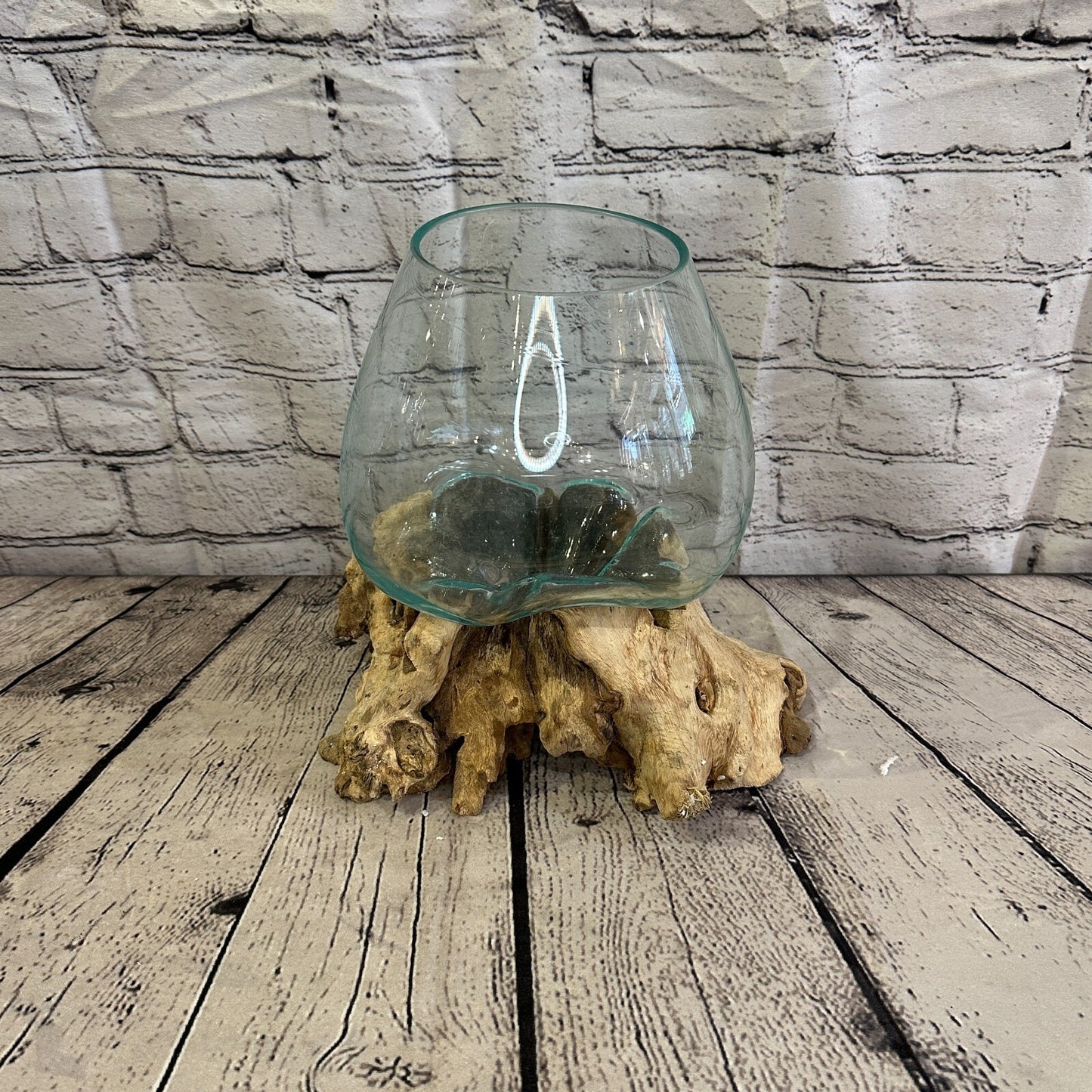25cm x 25cm Molten Glass Round Bowl Natural Root Wood Base Stand Decor Ornament