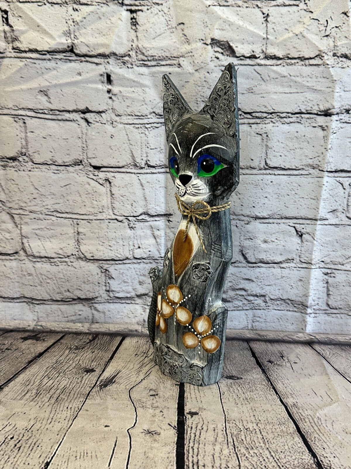 30cm Grey Swirl Flower Wooden Shabby Cat Statue Ornament Fair Trade Handcarved