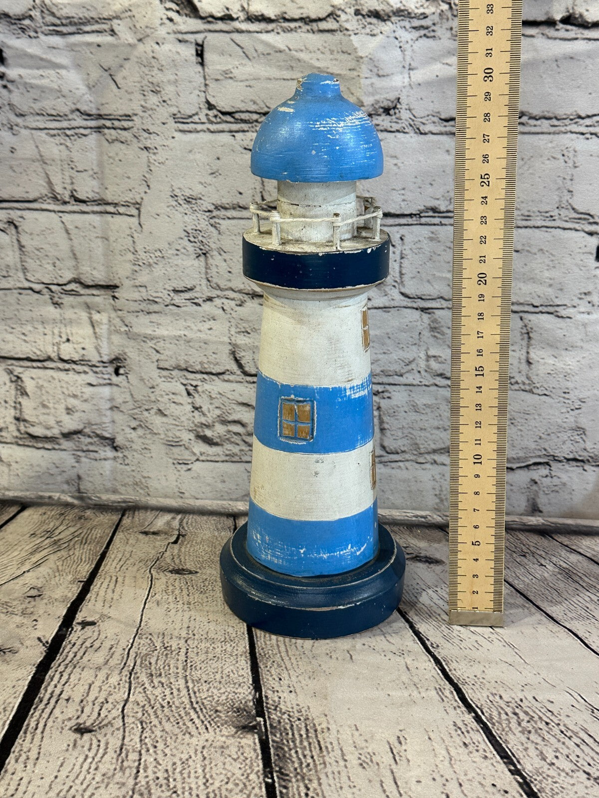 30cm Blue White Wooden Lighthouse Ornament Nautical Coastal Sculpture Statue