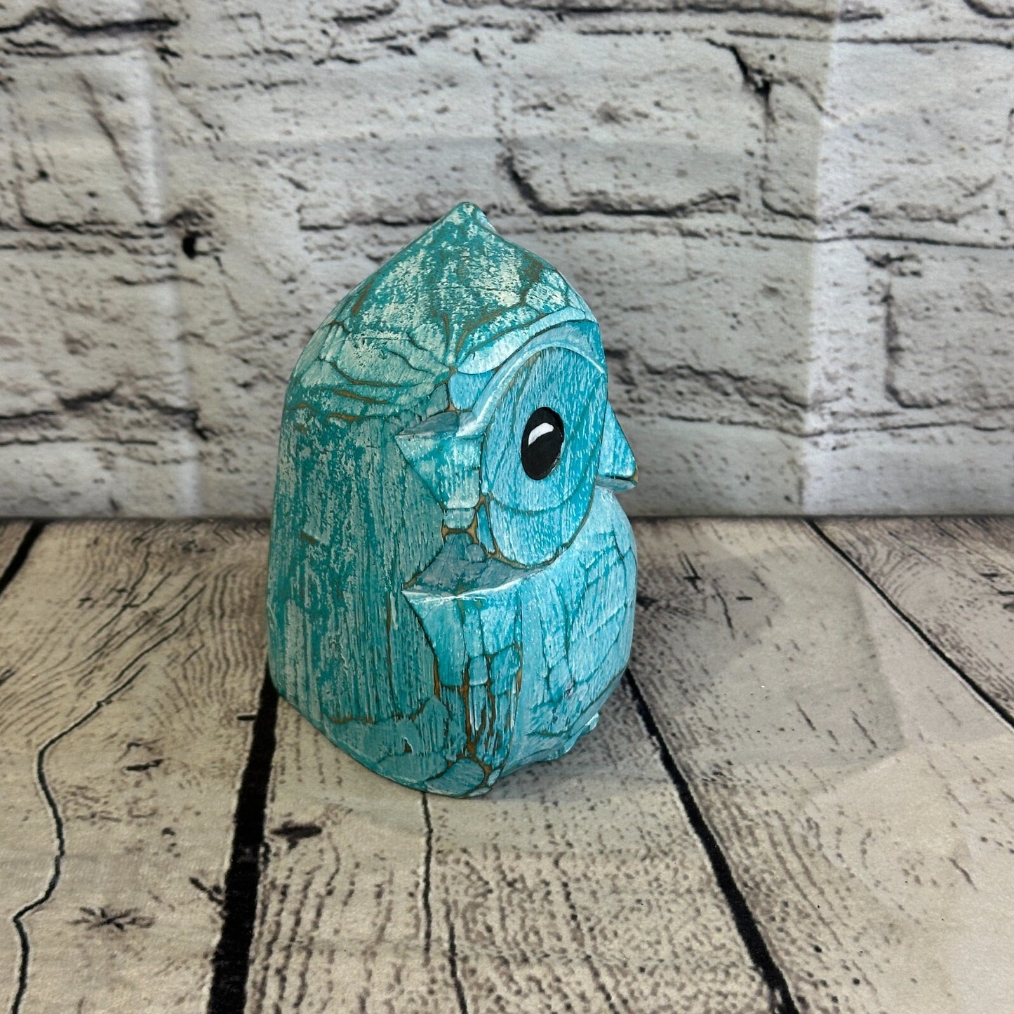 12cm x 10cm Green Flower Wooden Shabby Owl Statue Ornament Fair Trade Handcarved