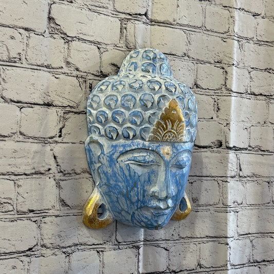 30cm x 20cm Blue Buddha Head Mask Wooden Hanging Statue Figurine Ornament