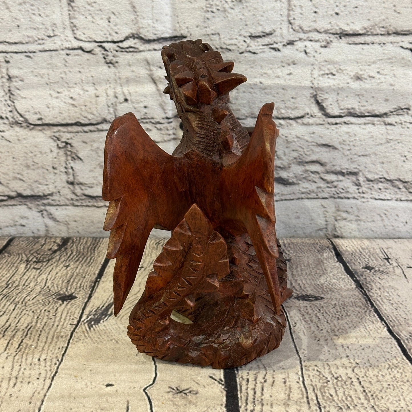 15cm x 15cm Dark Wooden Standing Dragon Carving Hand Carved Wing Back Dragon