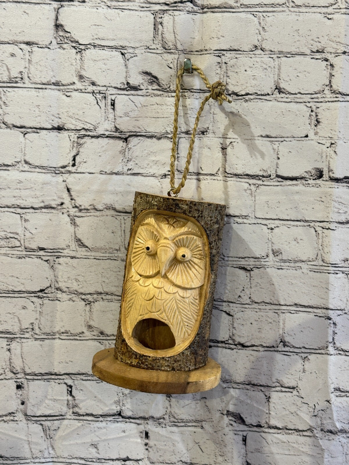 Bird House Barn Owl Of The Woods 25cm Hand Carved Tree Trunk Wood Fairtrade