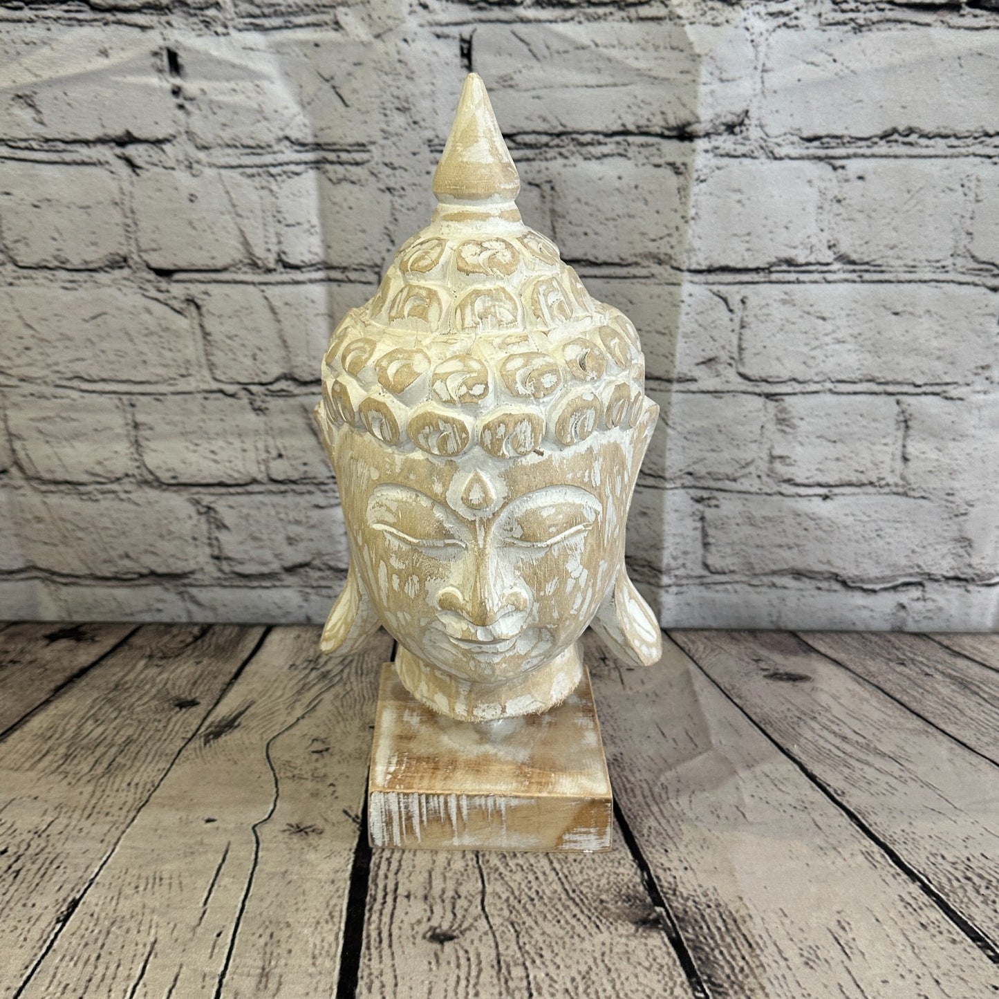 30cm White Buddha Head Wooden Standing Statue Figurine Ornament Fair Trade