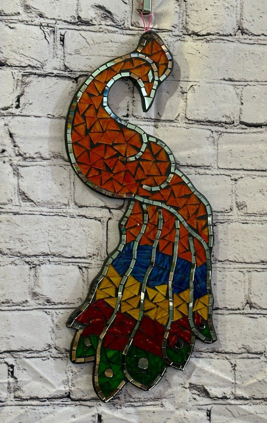 Rainbow Orange Peacock Mosaic Tile Wall Mirror 45cm x 20cm Handmade New
