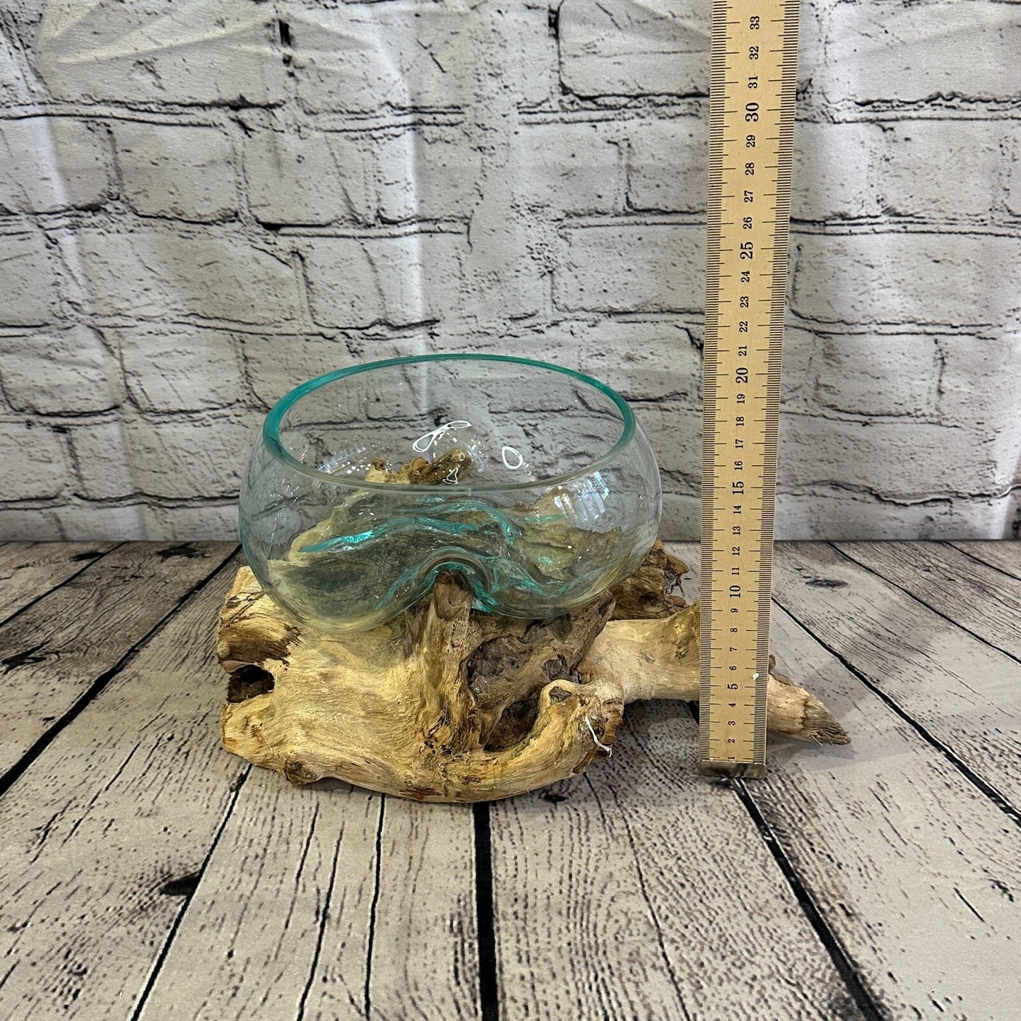 18cm x 25cm Molten Glass Round Bowl Natural Root Wood Base Stand Decor Ornament