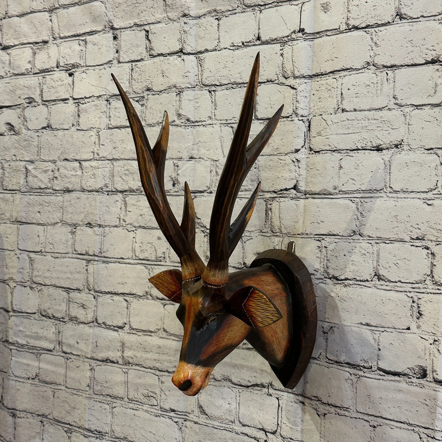 45cm x 25cm Brown Painted Wood Mounted Deer Head Wall Mounted Art Large Shabby