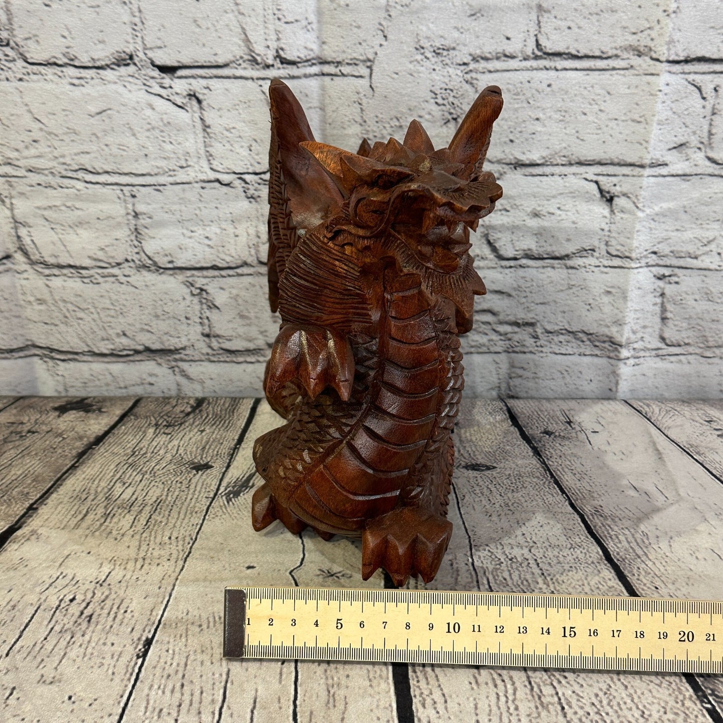 20cm x 20cm Dark Wooden Standing Dragon Carving Hand Carved Wing Back Dragon