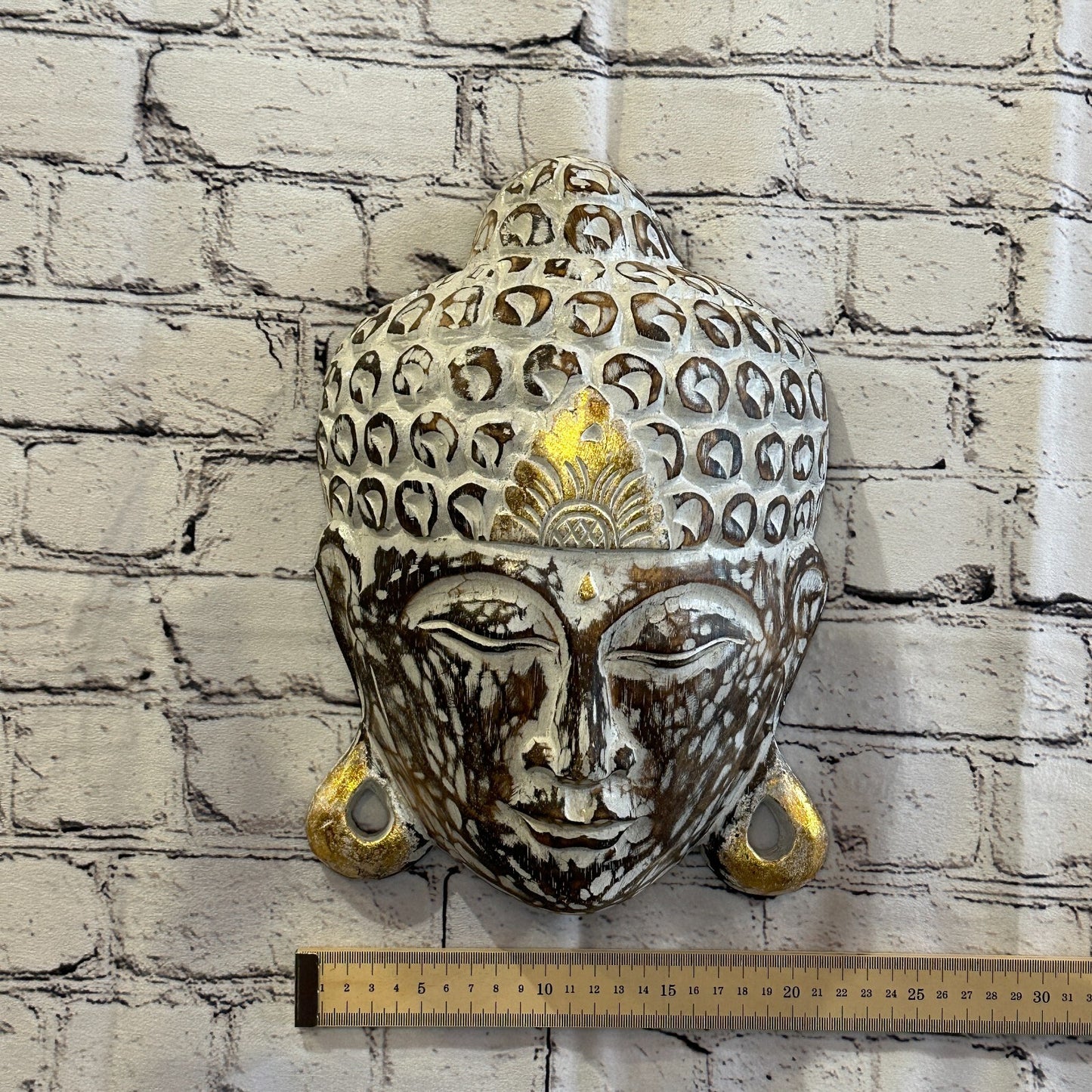 30cm x 20cm Dark Brown Buddha Head Mask Wooden Hanging Statue Figurine Ornament
