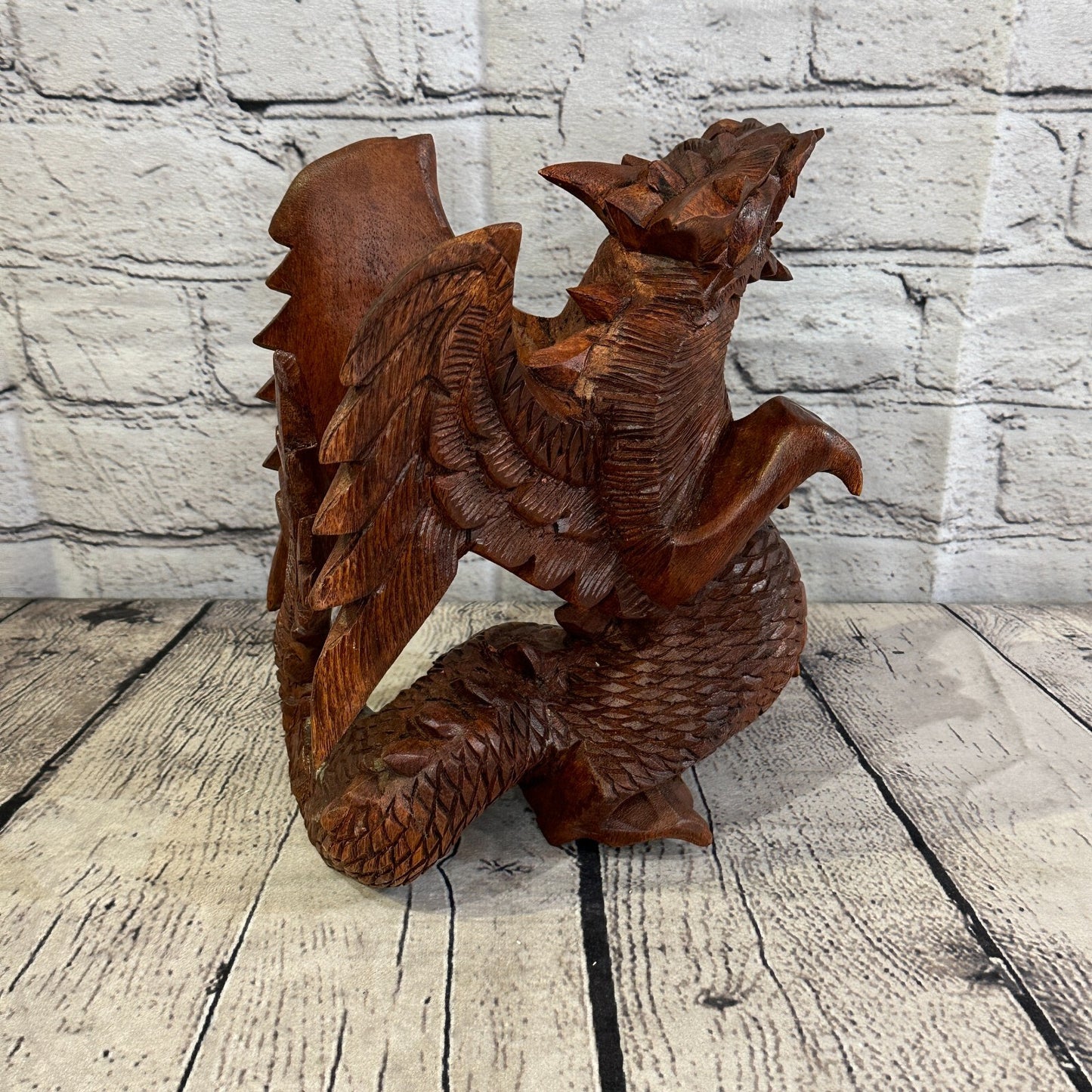 20cm x 20cm Dark Wooden Standing Dragon Carving Hand Carved Wing Back Dragon