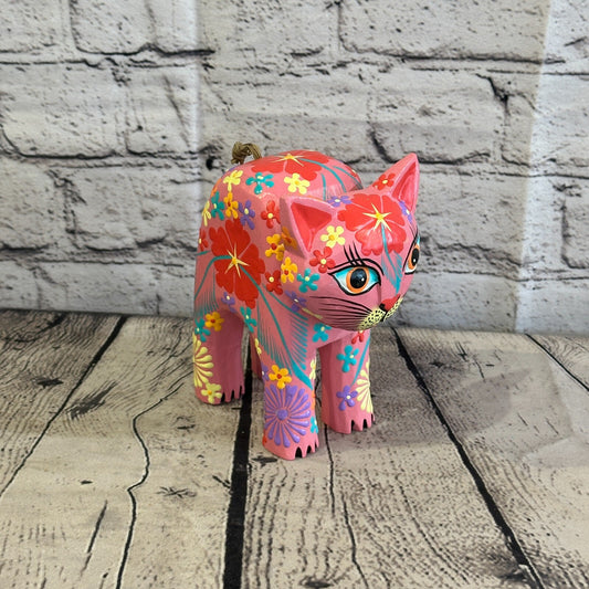Pink Large Wooden Cat With Flower Pattern 15cm x 10cm Handmade and Fairtrade