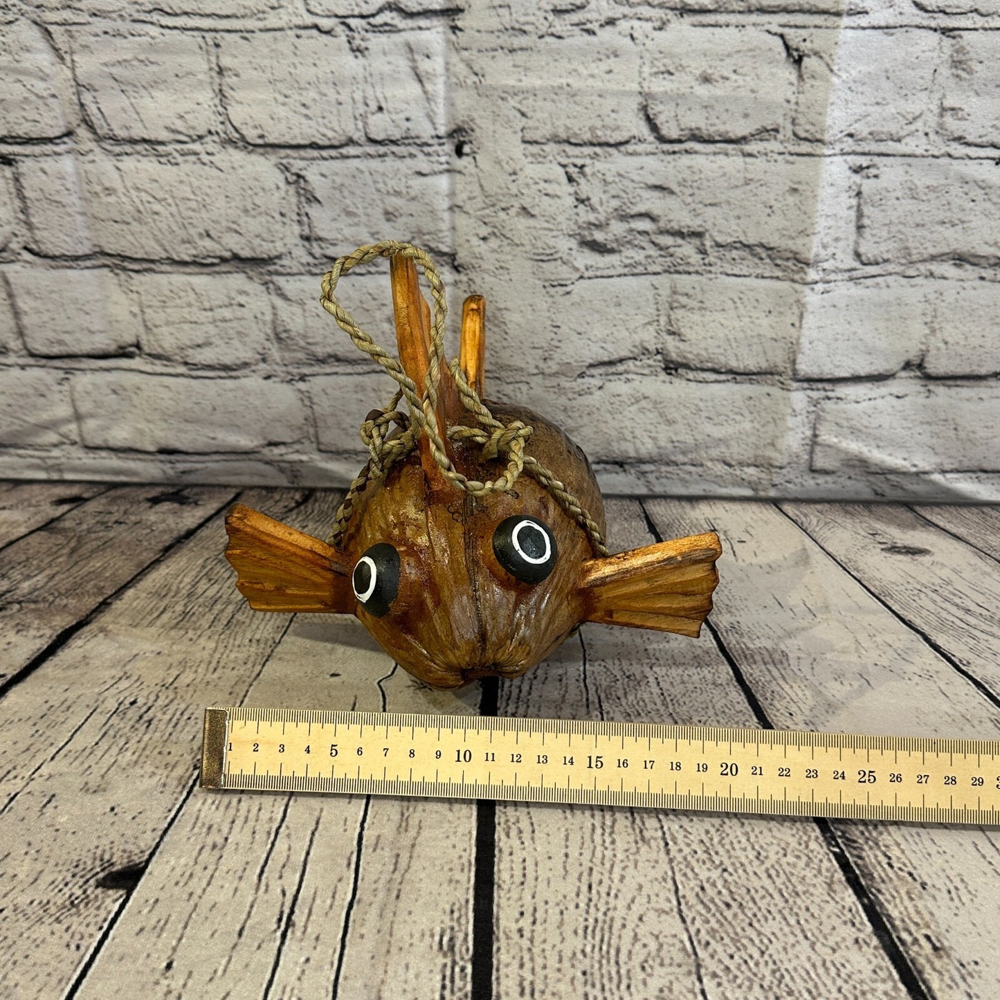 Plain Brown Folk Art Hand Painted Puffer Fish Coconut Shell Ornaments Hanging