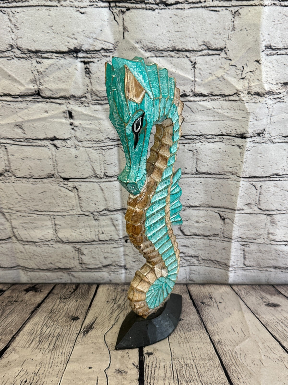 40cm Green Brown Wooden Shabby Seahorse Statue Ornament Fair Trade Handcarved