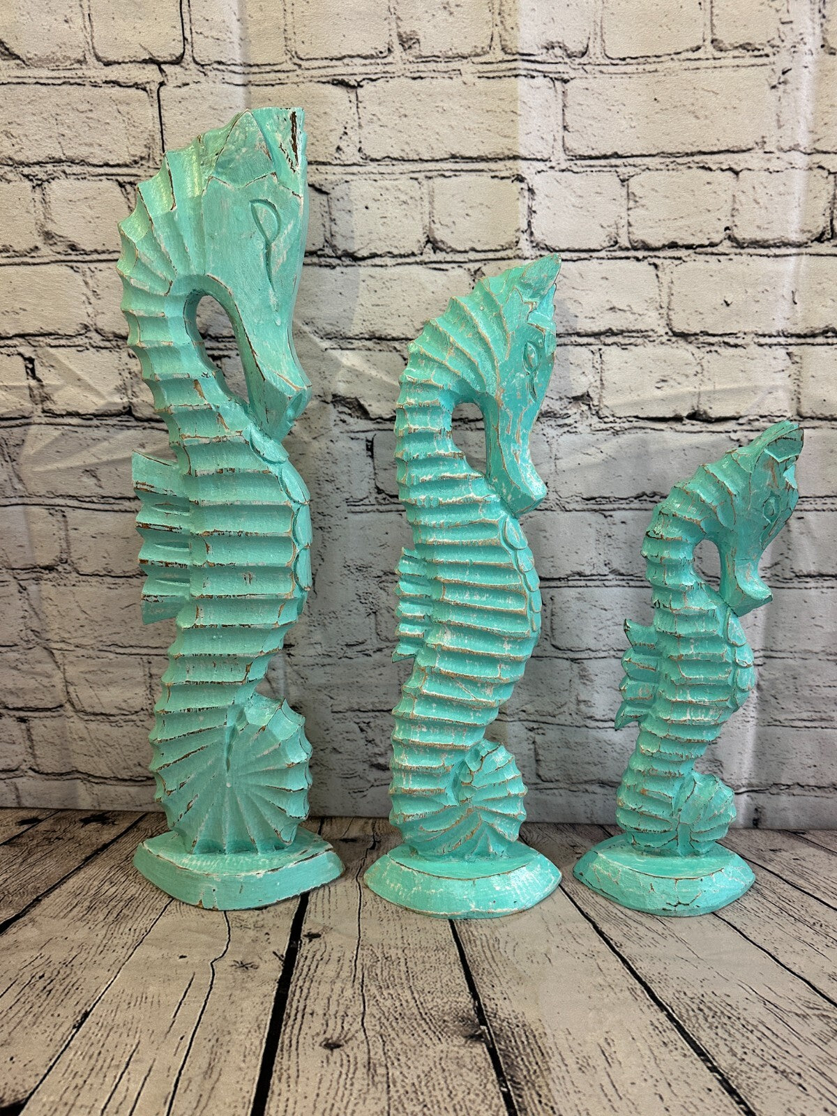 50cm Green Plain Wooden Shabby Seahorse Statue Ornament Fair Trade Handcarved