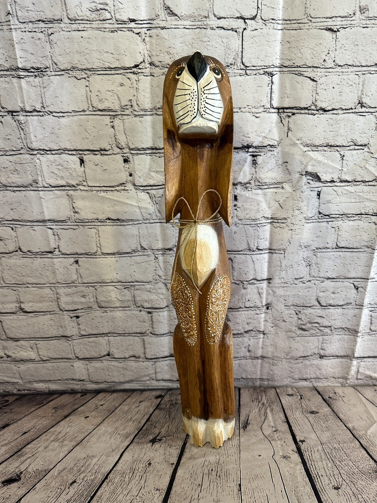 60cm Dark Brown Flower Wooden Shabby Dog Statue Ornament Fair Trade Handcarved