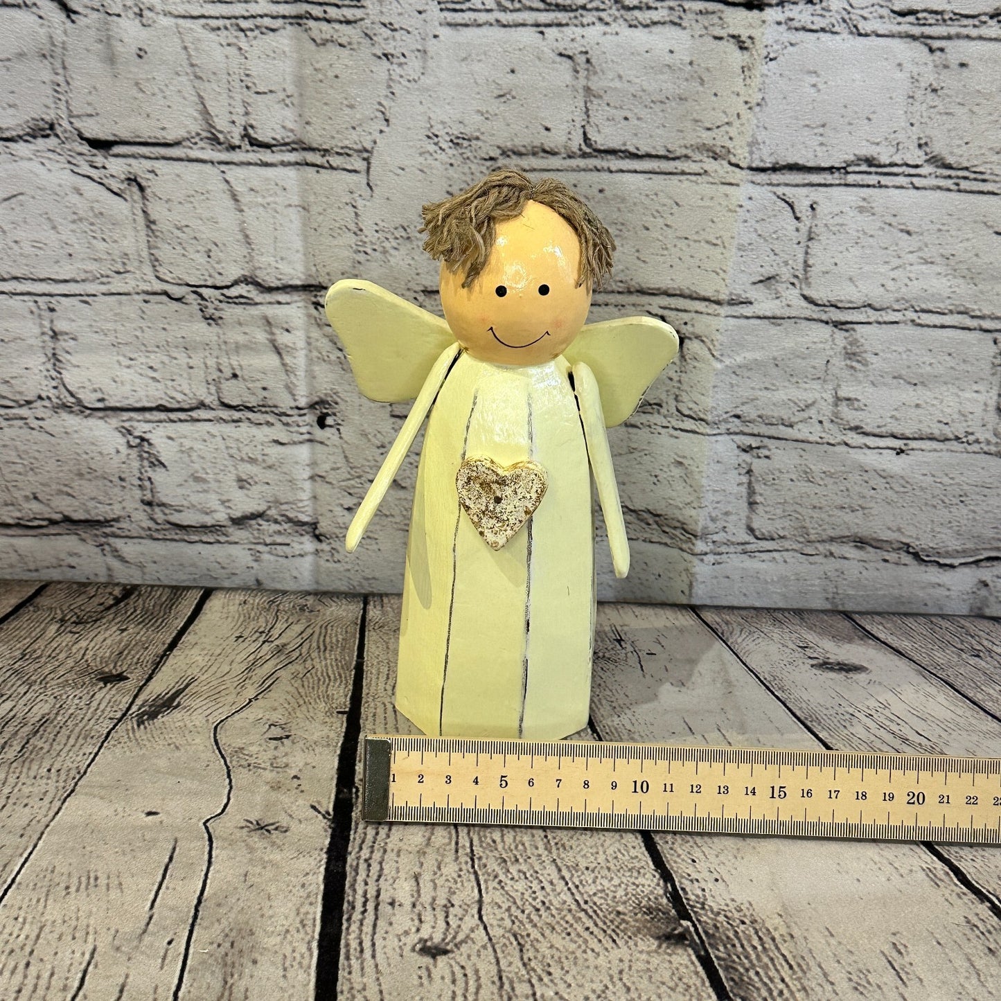 20cm x 8cm White Cream Angel Gold Heart Handcrafted Wood Xmas Christmas Ornament