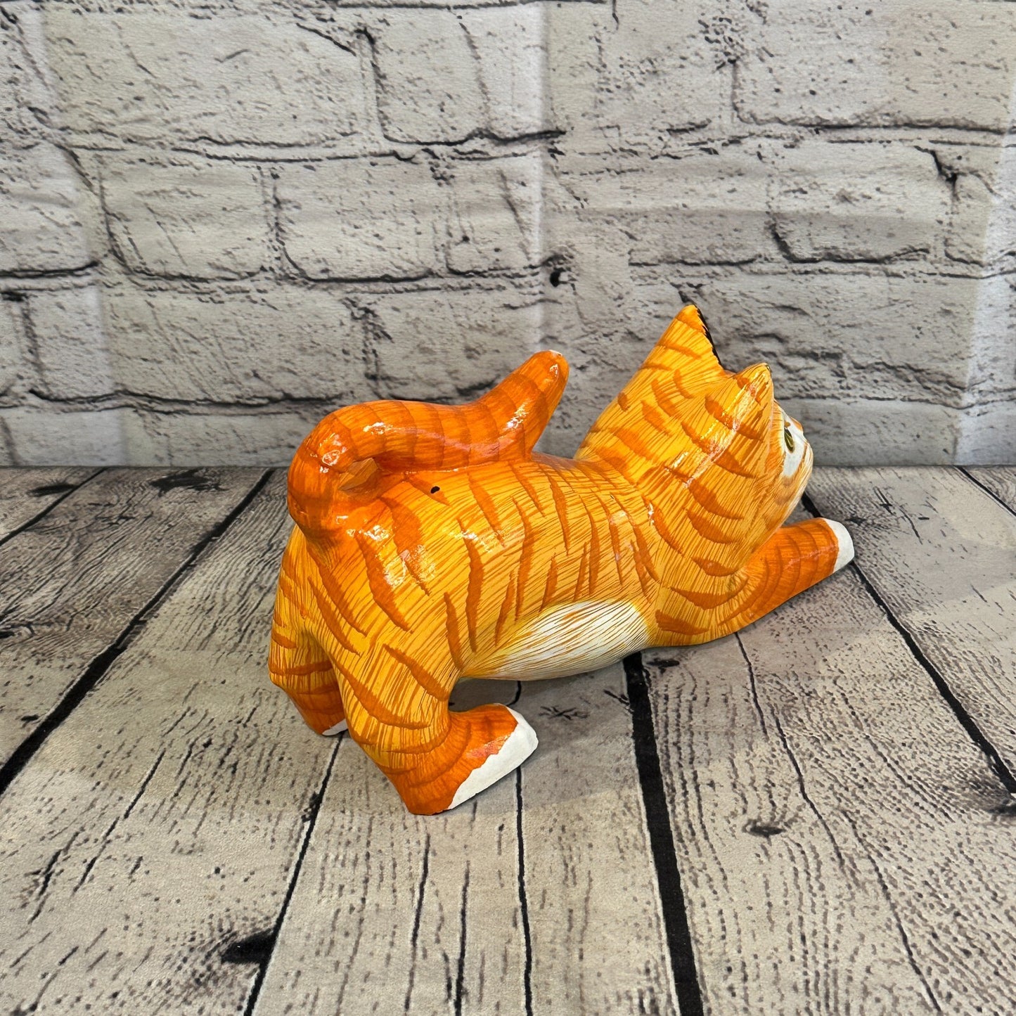 22cm x 14cm Orange Tabby Style Painted Wooden Hand Carved Stretching Cat Wooden