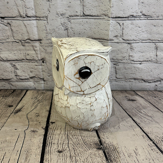 20cm x 15cm White Flower Wooden Shabby Owl Statue Ornament Fair Trade Handcarved
