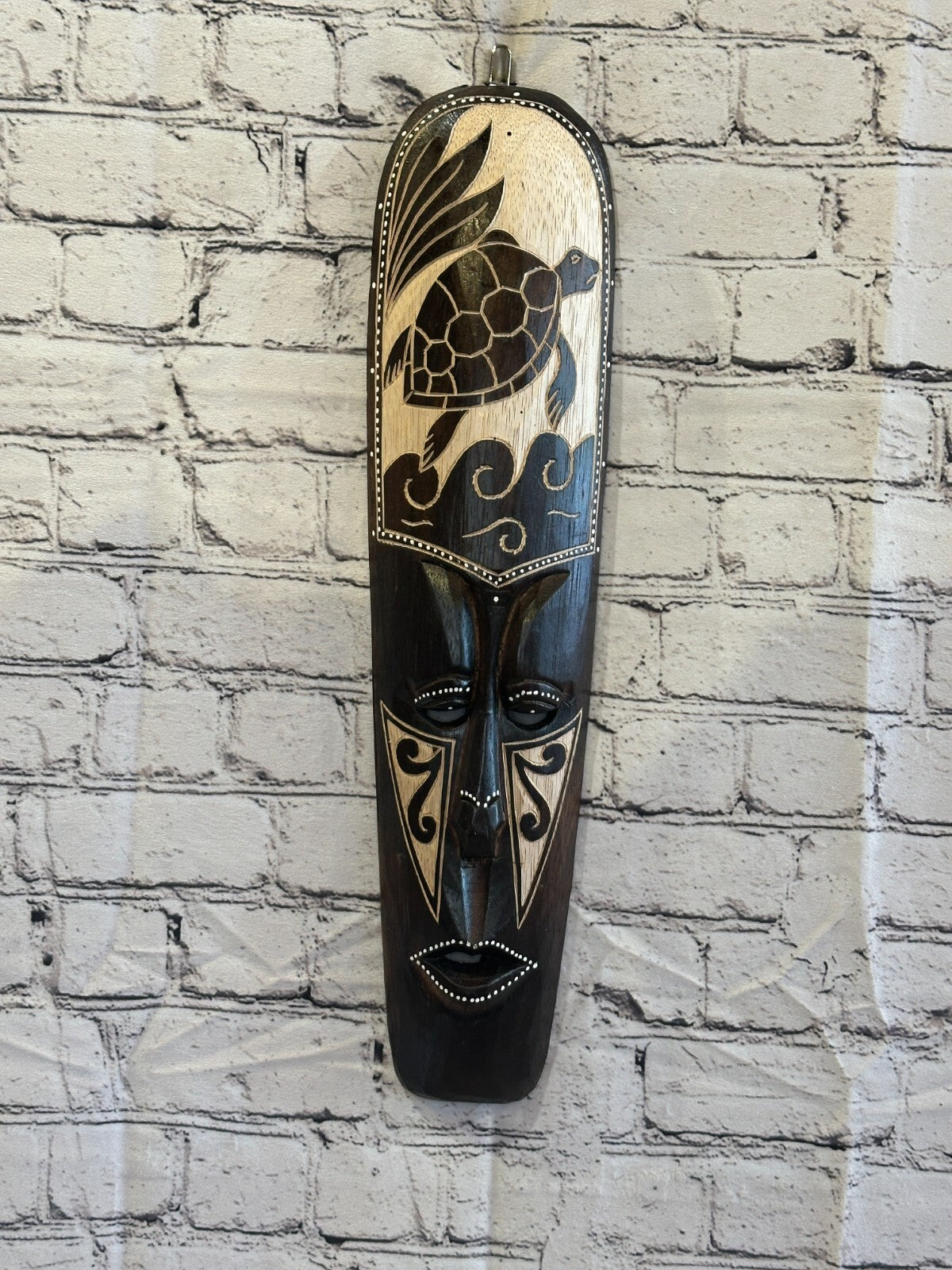 50cm Turtle Mask Carved Wooden Brown Work Painted Ethnic Tribal Tiki Wall Art
