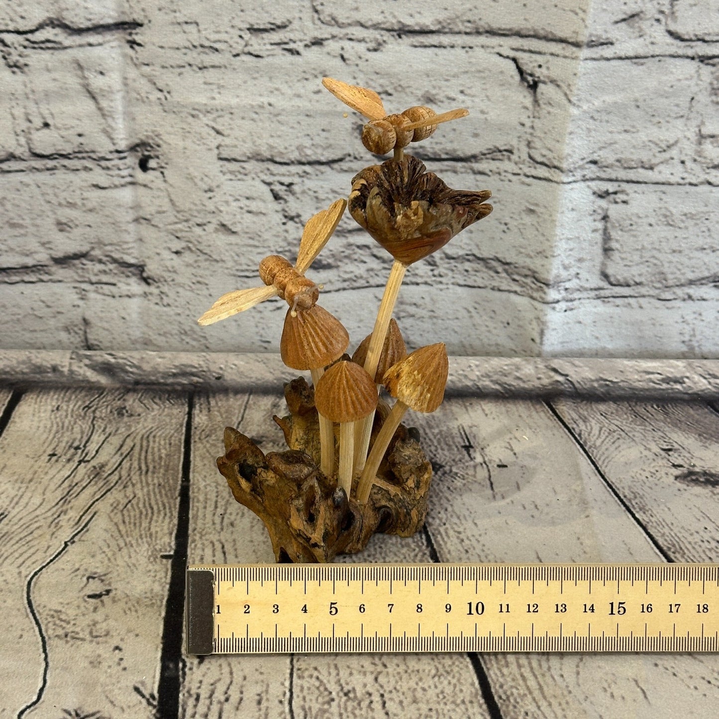 2 Bees On Mushroom Stand Parasite Wood Ornament Natural Carving Wooden Standing